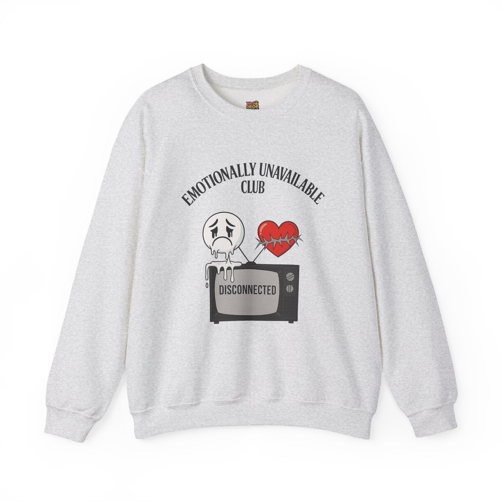 Emotionally Unavailable Club™ Oversized Graphic Sweatshirt – Sad Face, Barbed Heart, Disconnected TV