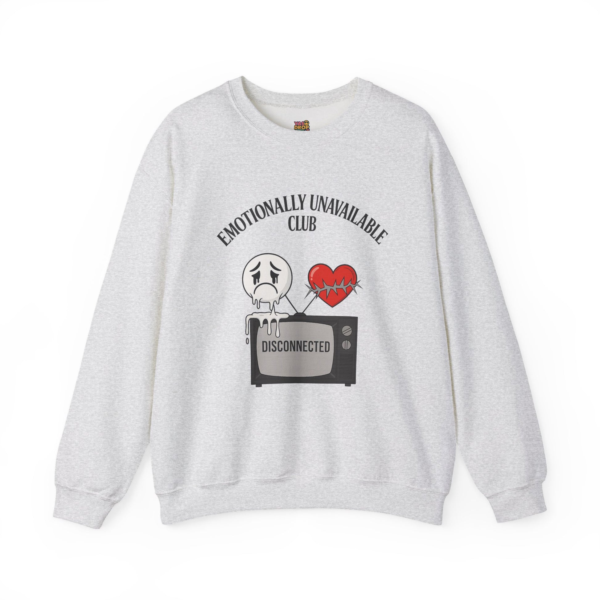 Emotionally Unavailable Club™ Oversized Graphic Sweatshirt – Sad Face, Barbed Heart, Disconnected TV