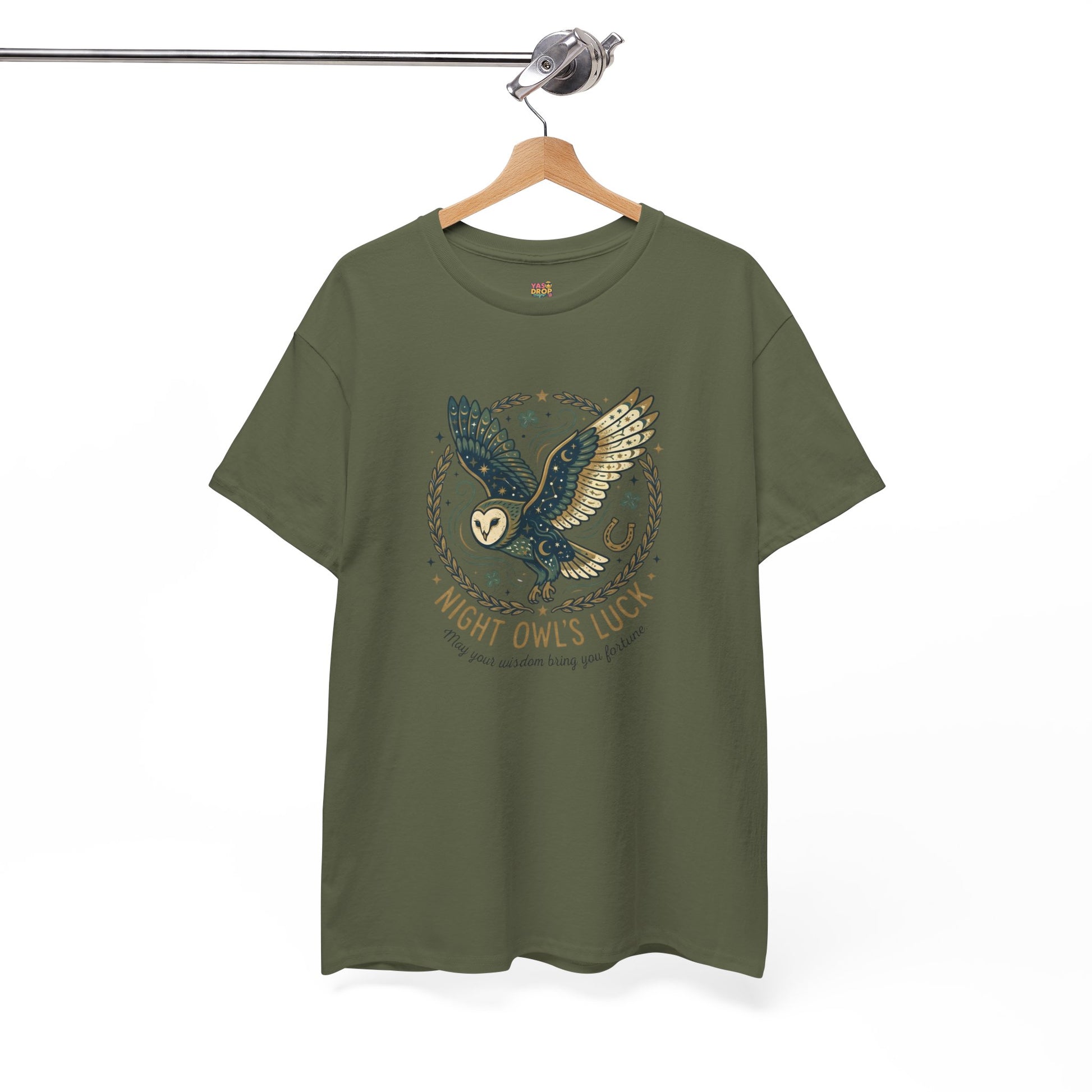 Mystical Night Owl’s Luck T-Shirt – Cosmic Celestial Good Fortune Apparel