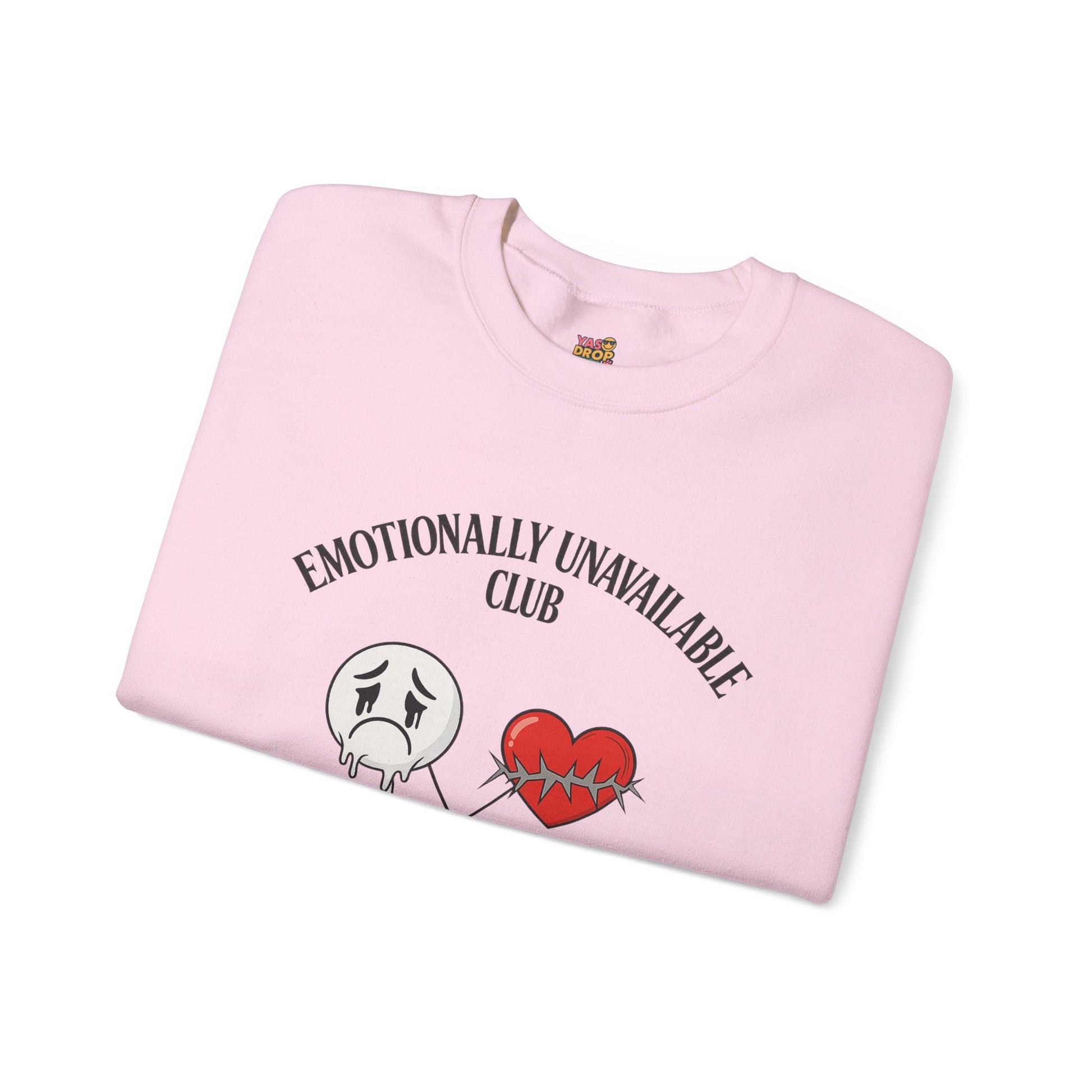Emotionally Unavailable Club™ Oversized Graphic Sweatshirt – Sad Face, Barbed Heart, Disconnected TV