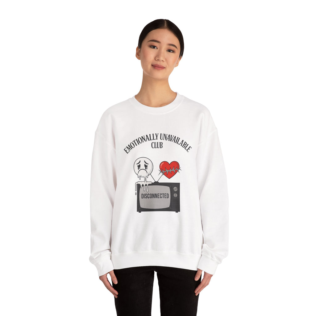 Emotionally Unavailable Club™ Oversized Graphic Sweatshirt – Sad Face, Barbed Heart, Disconnected TV