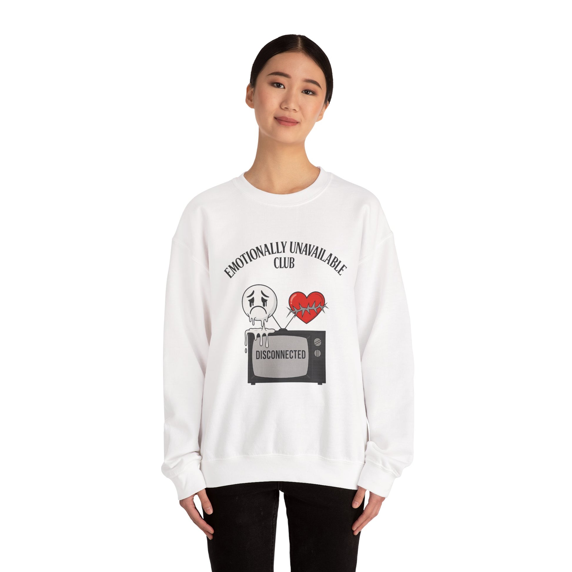 Emotionally Unavailable Club™ Oversized Graphic Sweatshirt – Sad Face, Barbed Heart, Disconnected TV