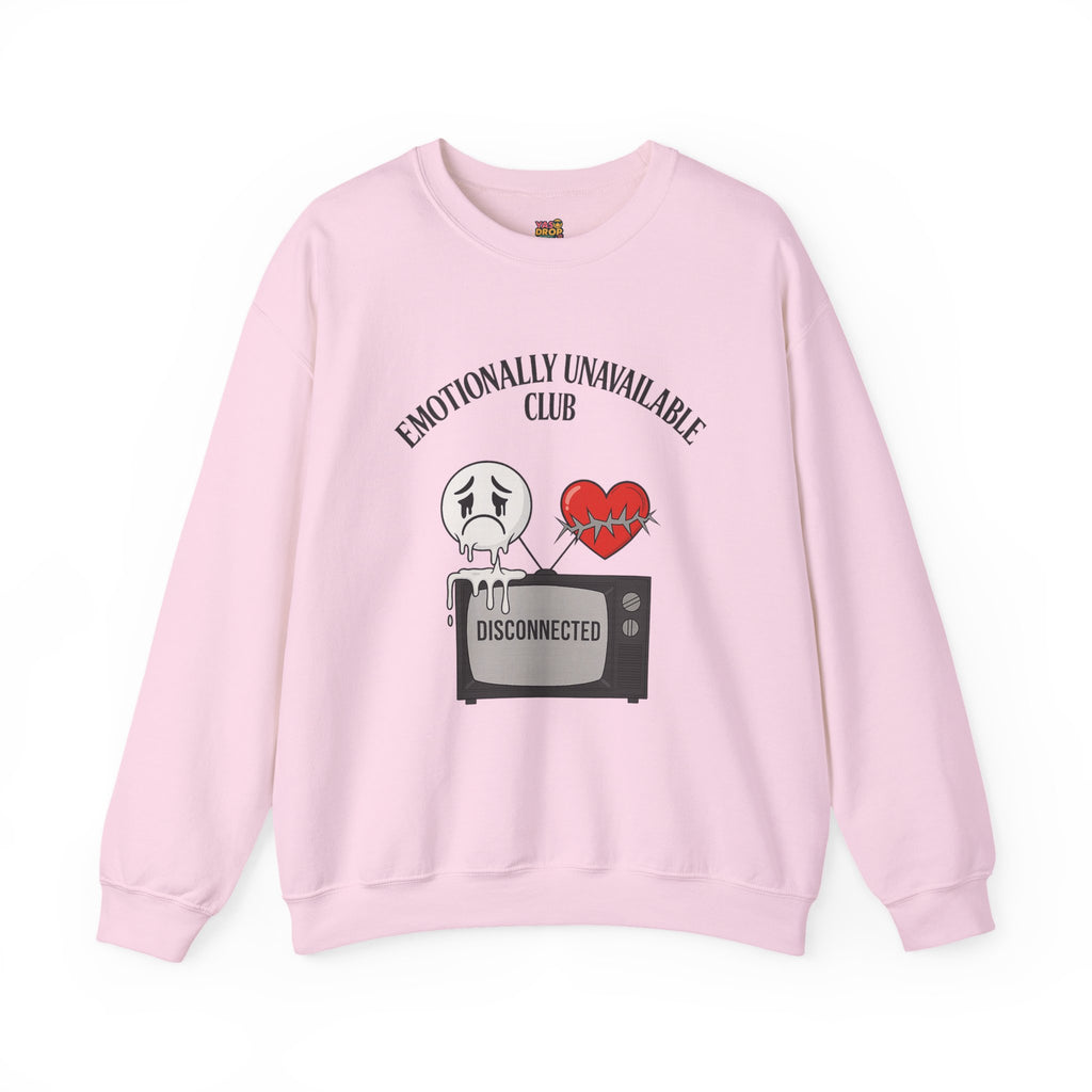 Emotionally Unavailable Club™ Oversized Graphic Sweatshirt – Sad Face, Barbed Heart, Disconnected TV