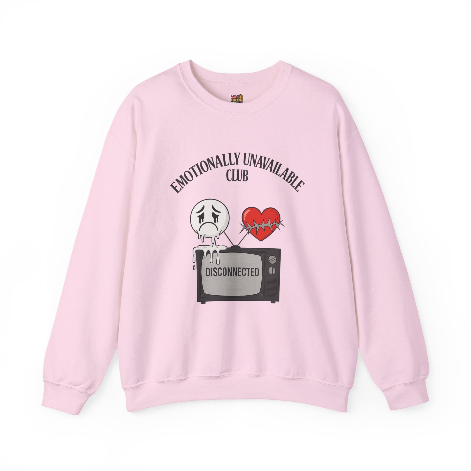 Emotionally Unavailable Club™ Oversized Graphic Sweatshirt – Sad Face, Barbed Heart, Disconnected TV