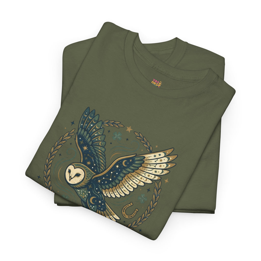 Mystical Night Owl’s Luck T-Shirt – Cosmic Celestial Good Fortune Apparel