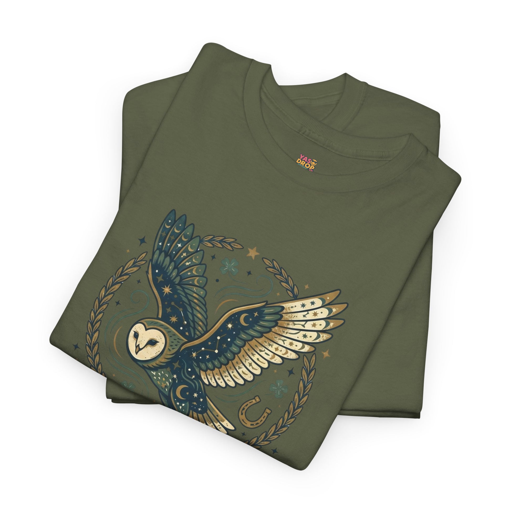 Mystical Night Owl’s Luck T-Shirt – Cosmic Celestial Good Fortune Apparel