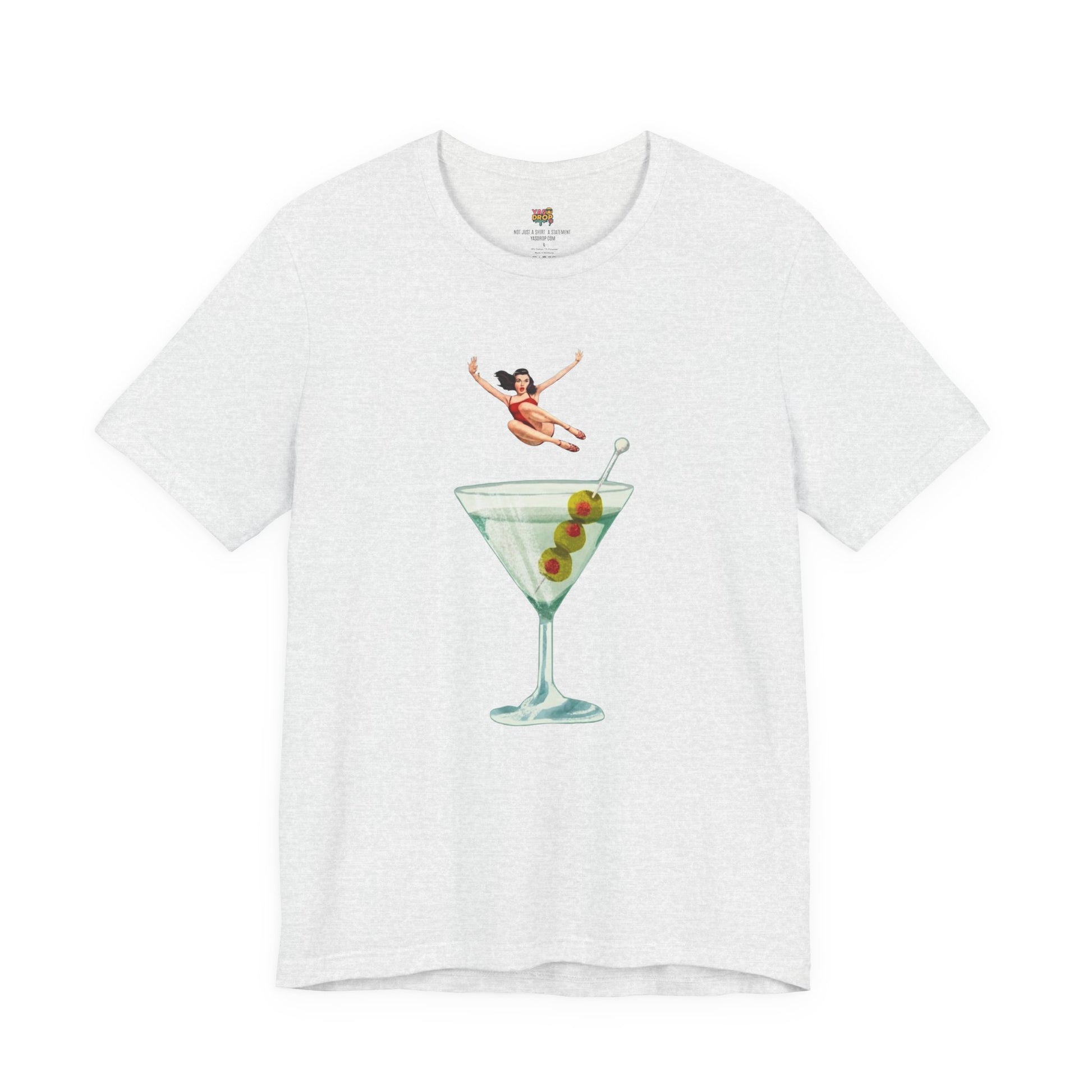 White t-shirt with a graphic of a woman in a martini glass on a white background