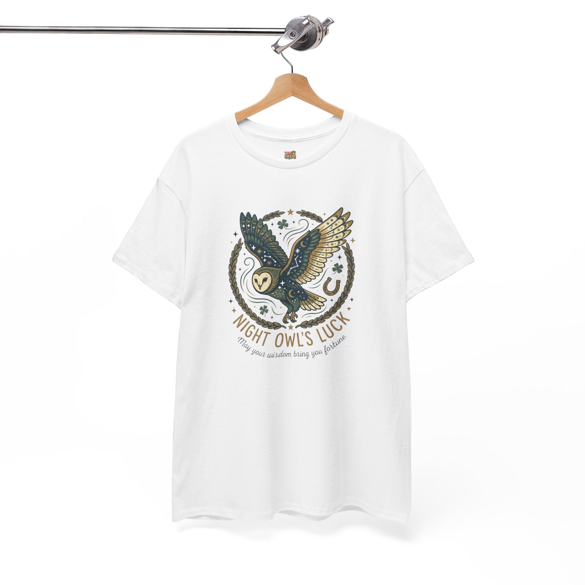 Mystical Night Owl’s Luck T-Shirt – Cosmic Celestial Good Fortune Apparel