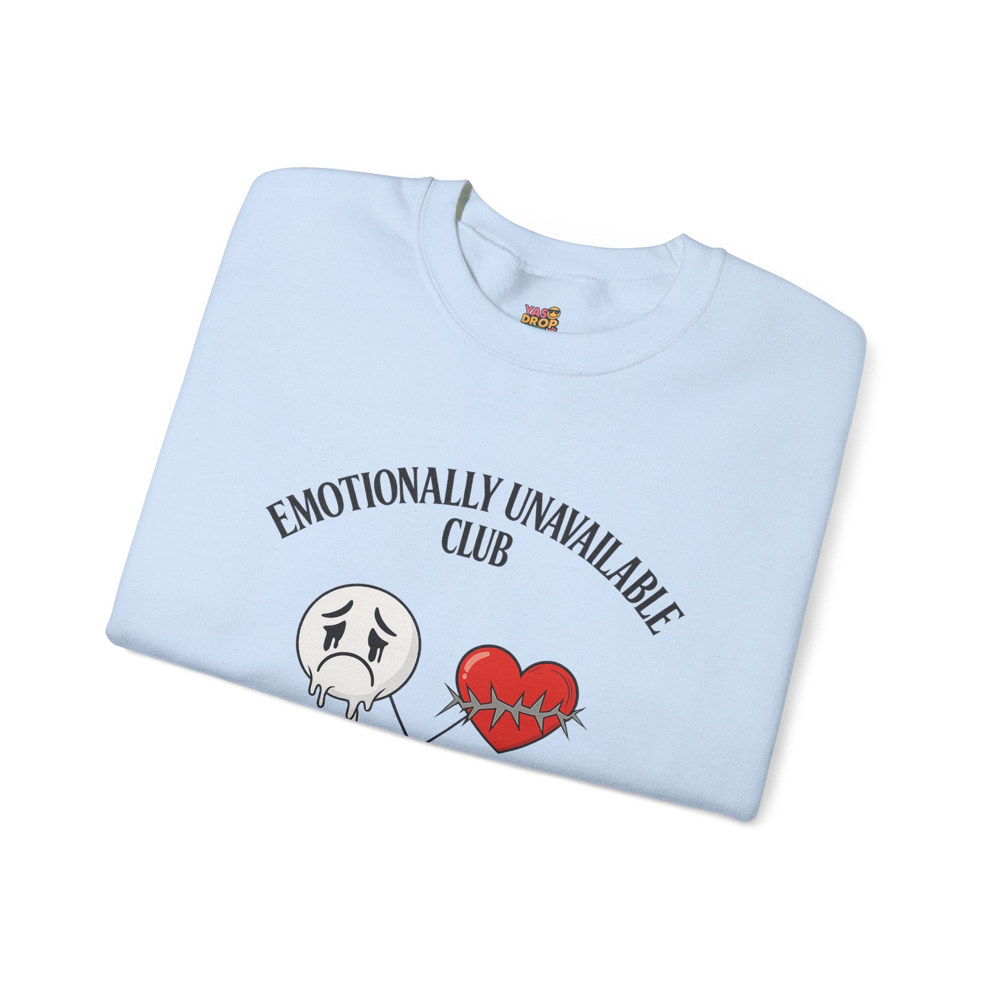 Emotionally Unavailable Club™ Oversized Graphic Sweatshirt – Sad Face, Barbed Heart, Disconnected TV