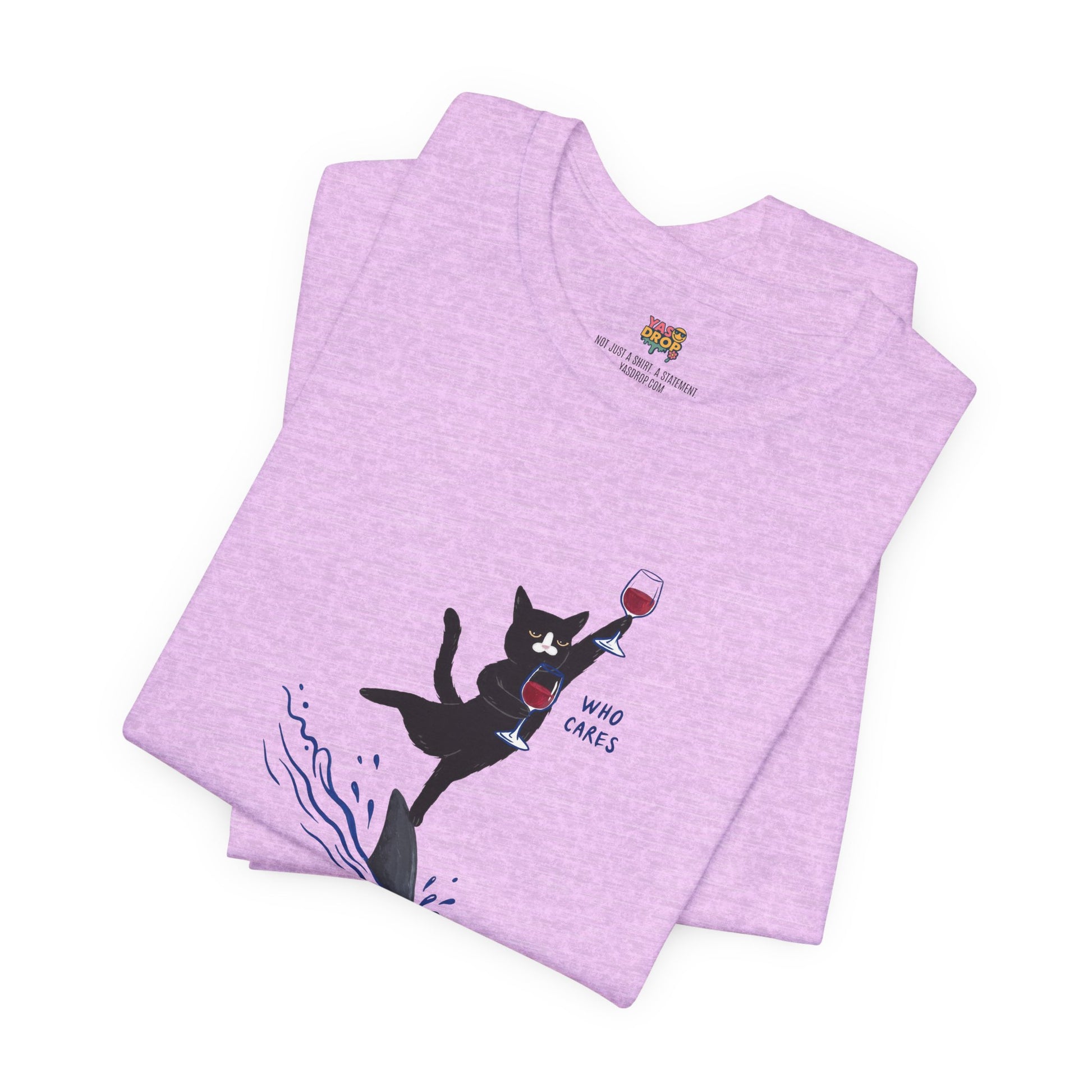 "Who Cares" Cat Surfing on Shark Graphic Tee – Ironic Minimalist Aesthetic Unisex T-Shirt