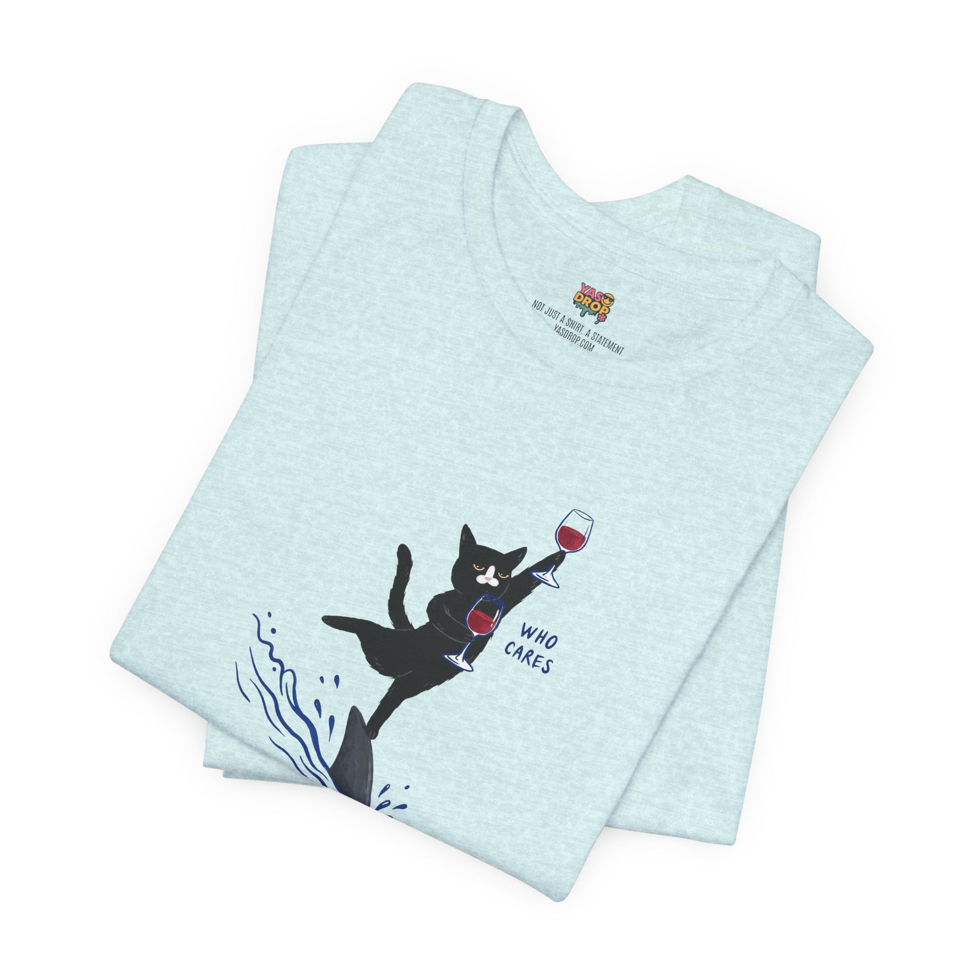 "Who Cares" Cat Surfing on Shark Graphic Tee – Ironic Minimalist Aesthetic Unisex T-Shirt