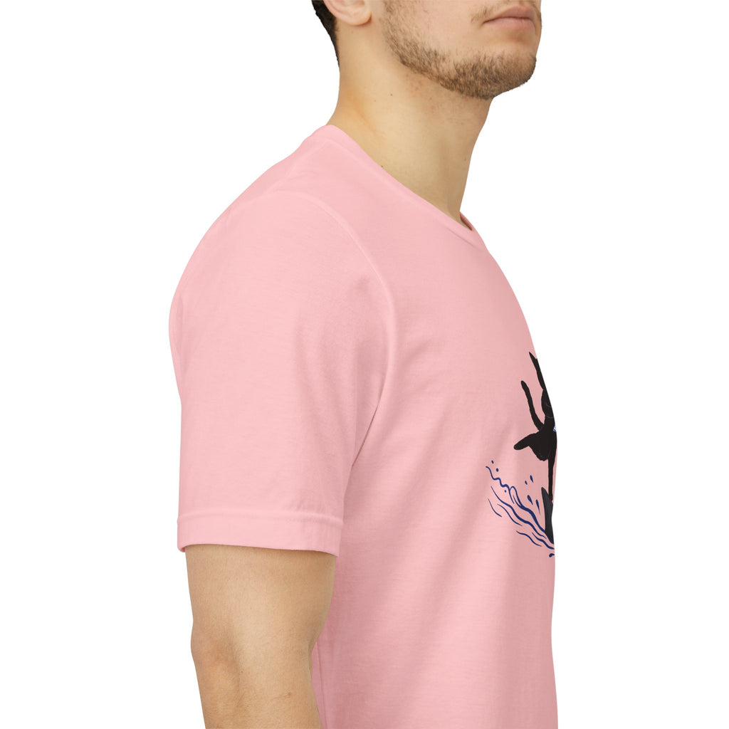 "Who Cares" Cat Surfing on Shark Graphic Tee – Ironic Minimalist Aesthetic Unisex T-Shirt