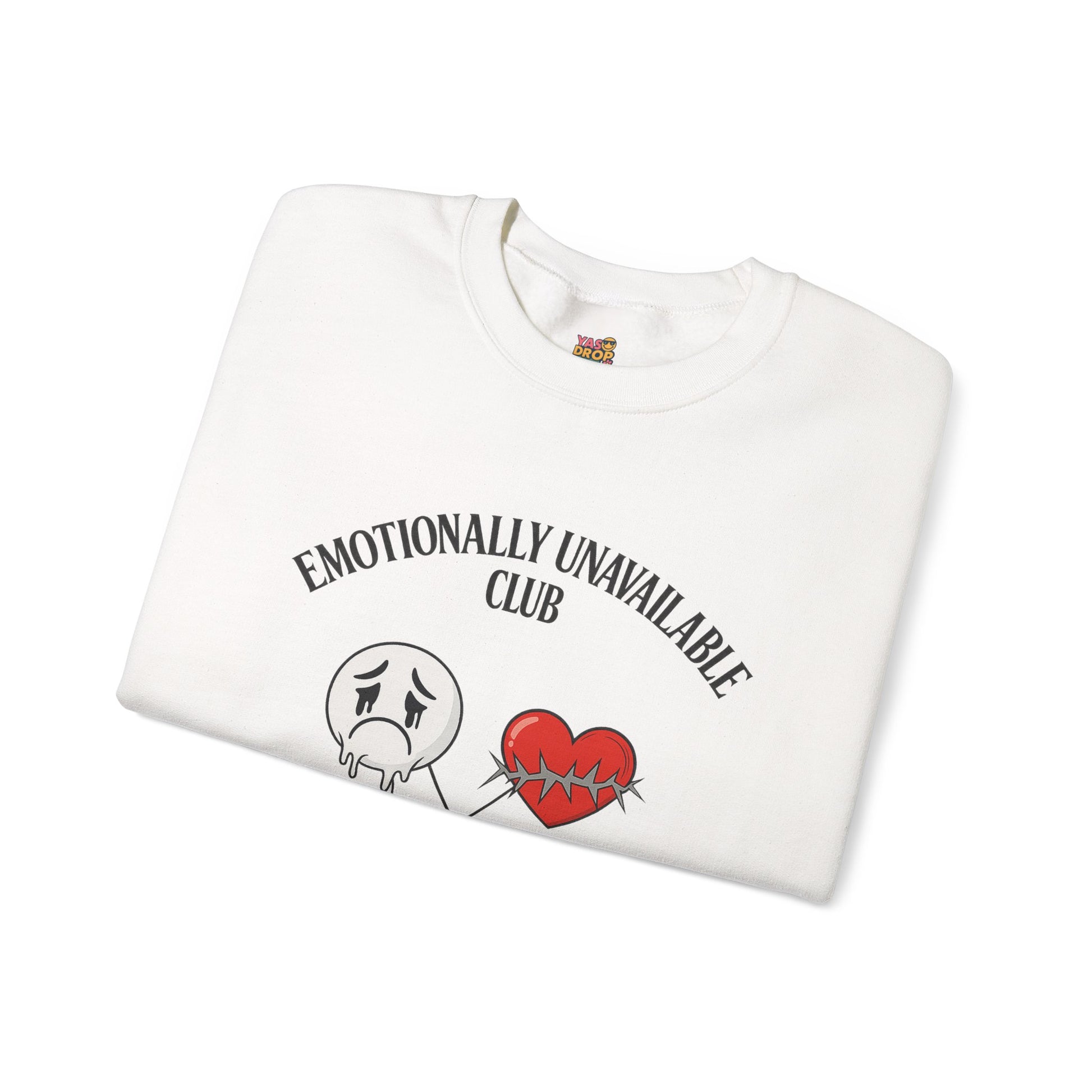 Emotionally Unavailable Club™ Oversized Graphic Sweatshirt – Sad Face, Barbed Heart, Disconnected TV