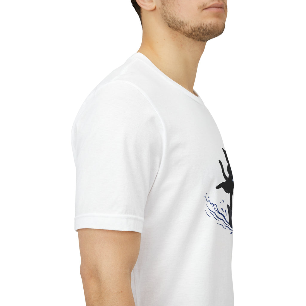 "Who Cares" Cat Surfing on Shark Graphic Tee – Ironic Minimalist Aesthetic Unisex T-Shirt