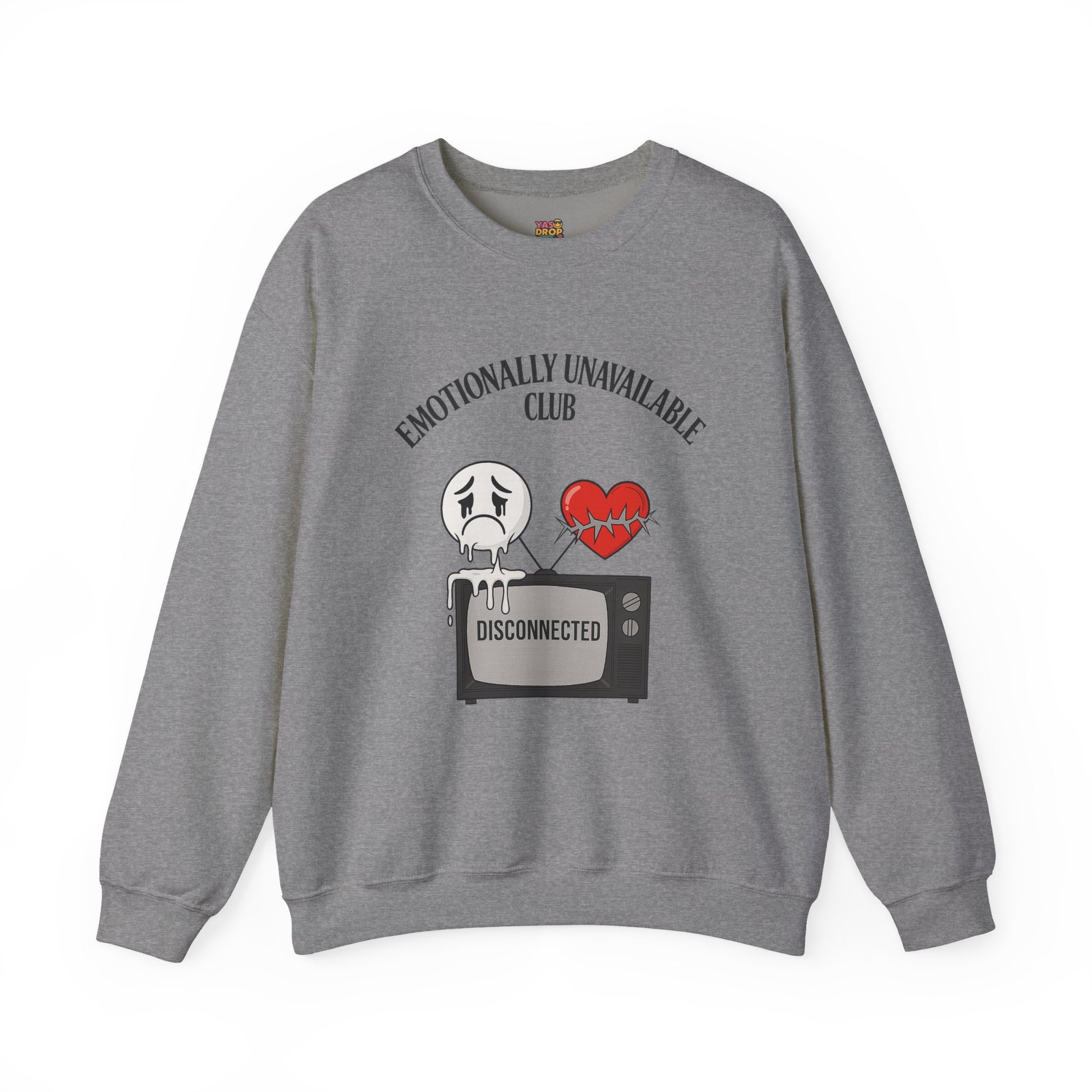 Emotionally Unavailable Club™ Oversized Graphic Sweatshirt – Sad Face, Barbed Heart, Disconnected TV