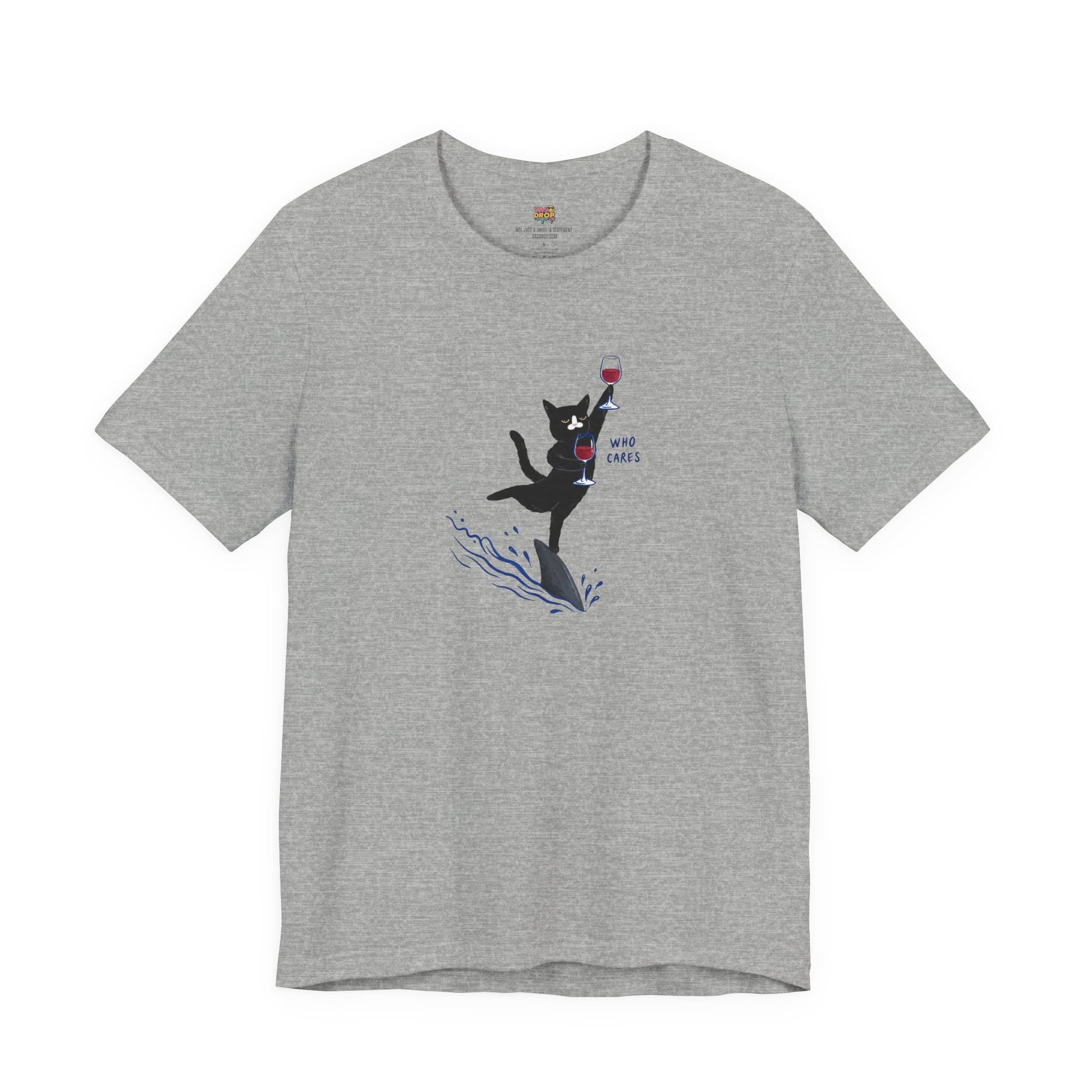 "Who Cares" Cat Surfing on Shark Graphic Tee – Ironic Minimalist Aesthetic Unisex T-Shirt