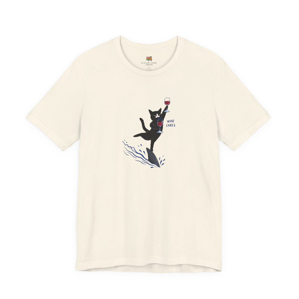 "Who Cares" Cat Surfing on Shark Graphic Tee – Ironic Minimalist Aesthetic Unisex T-Shirt