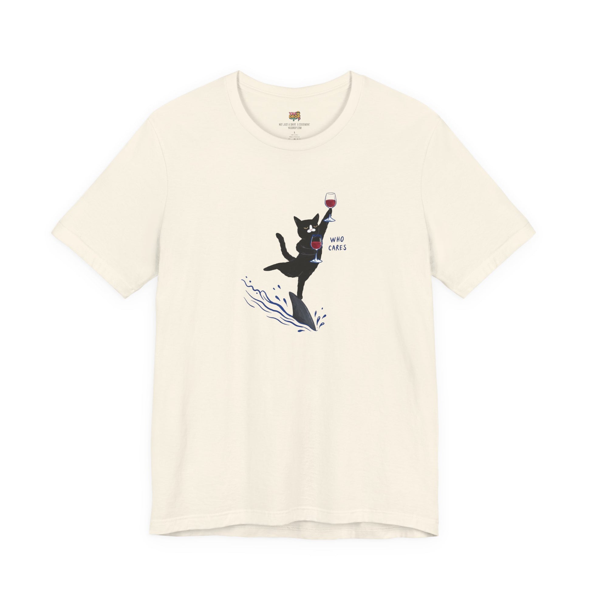 "Who Cares" Cat Surfing on Shark Graphic Tee – Ironic Minimalist Aesthetic Unisex T-Shirt