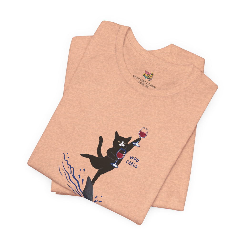 "Who Cares" Cat Surfing on Shark Graphic Tee – Ironic Minimalist Aesthetic Unisex T-Shirt