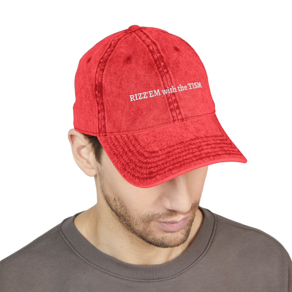 "Rizz 'Em With The Tism" Vintage Washed Embroidered Dad Hat | Trending Funny Meme Aesthetic Cap