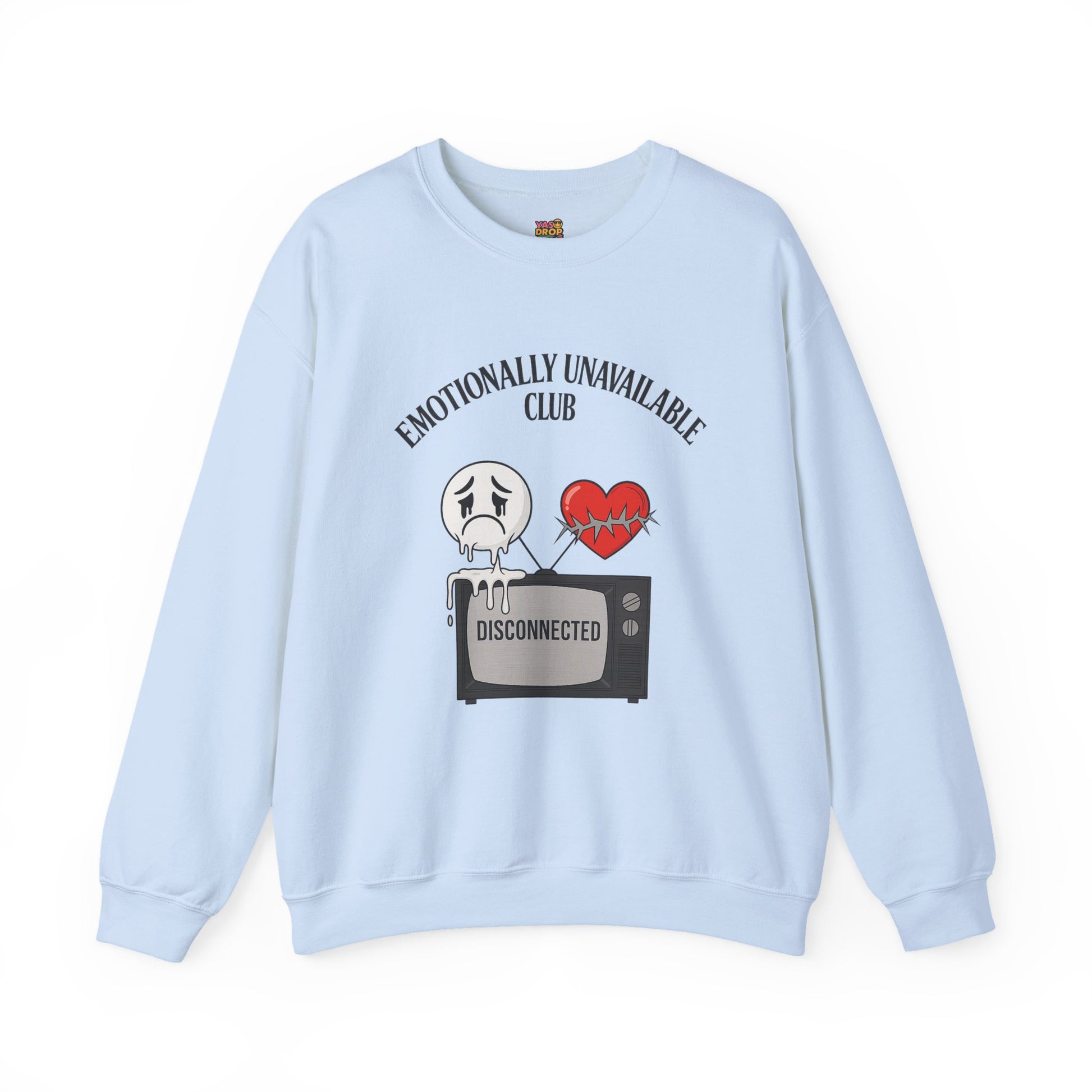 Emotionally Unavailable Club™ Oversized Graphic Sweatshirt – Sad Face, Barbed Heart, Disconnected TV