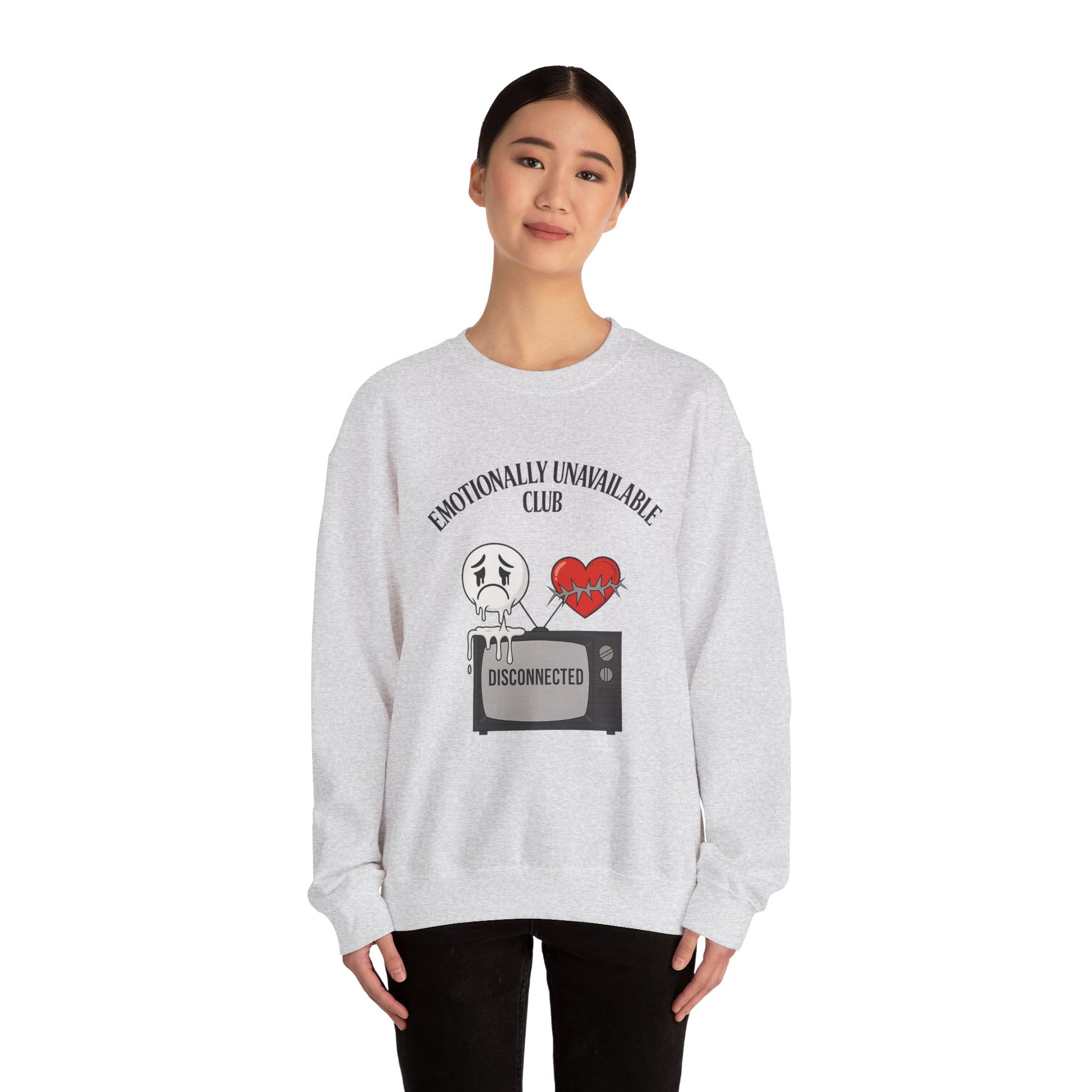 Emotionally Unavailable Club™ Oversized Graphic Sweatshirt – Sad Face, Barbed Heart, Disconnected TV