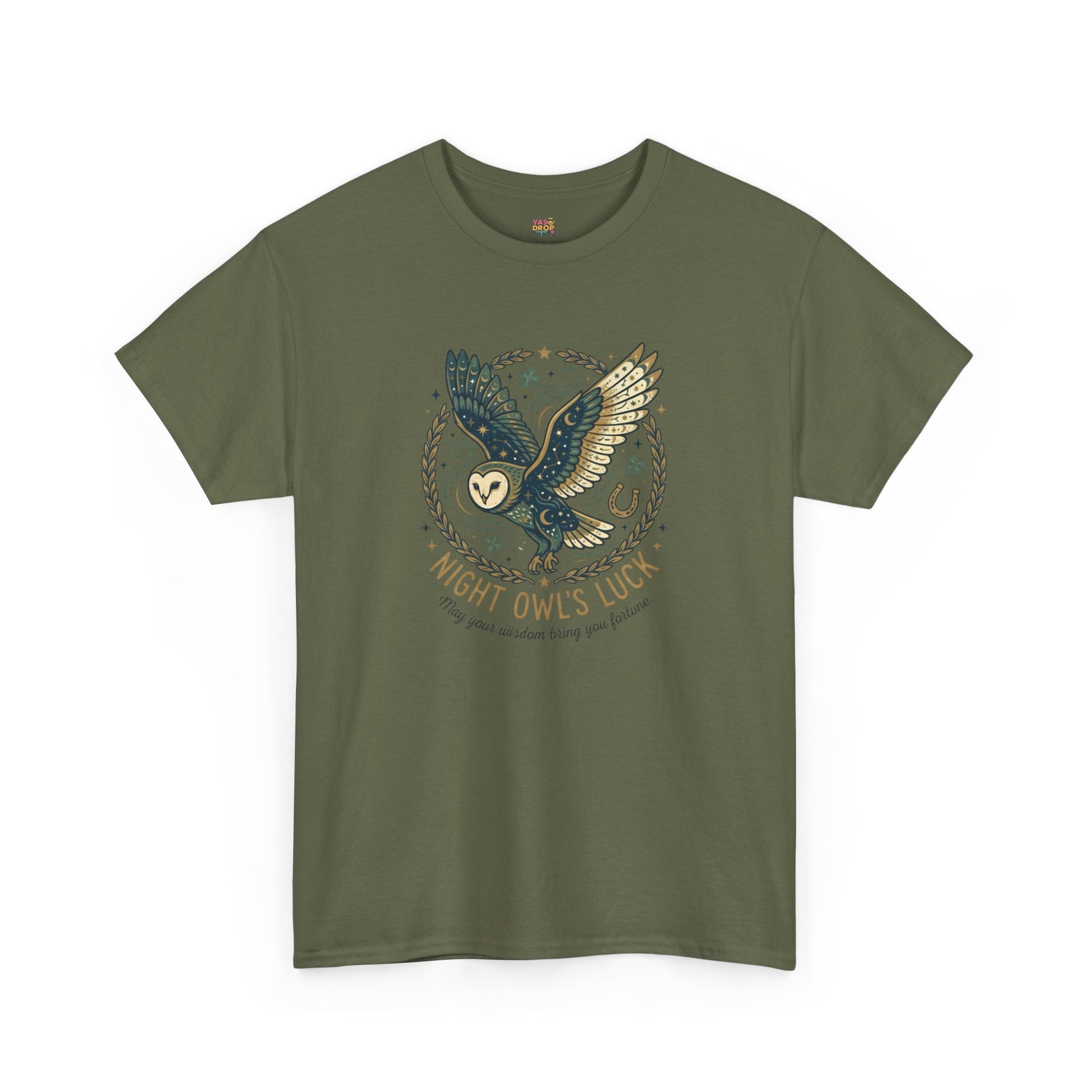 Mystical Night Owl’s Luck T-Shirt – Cosmic Celestial Good Fortune Apparel