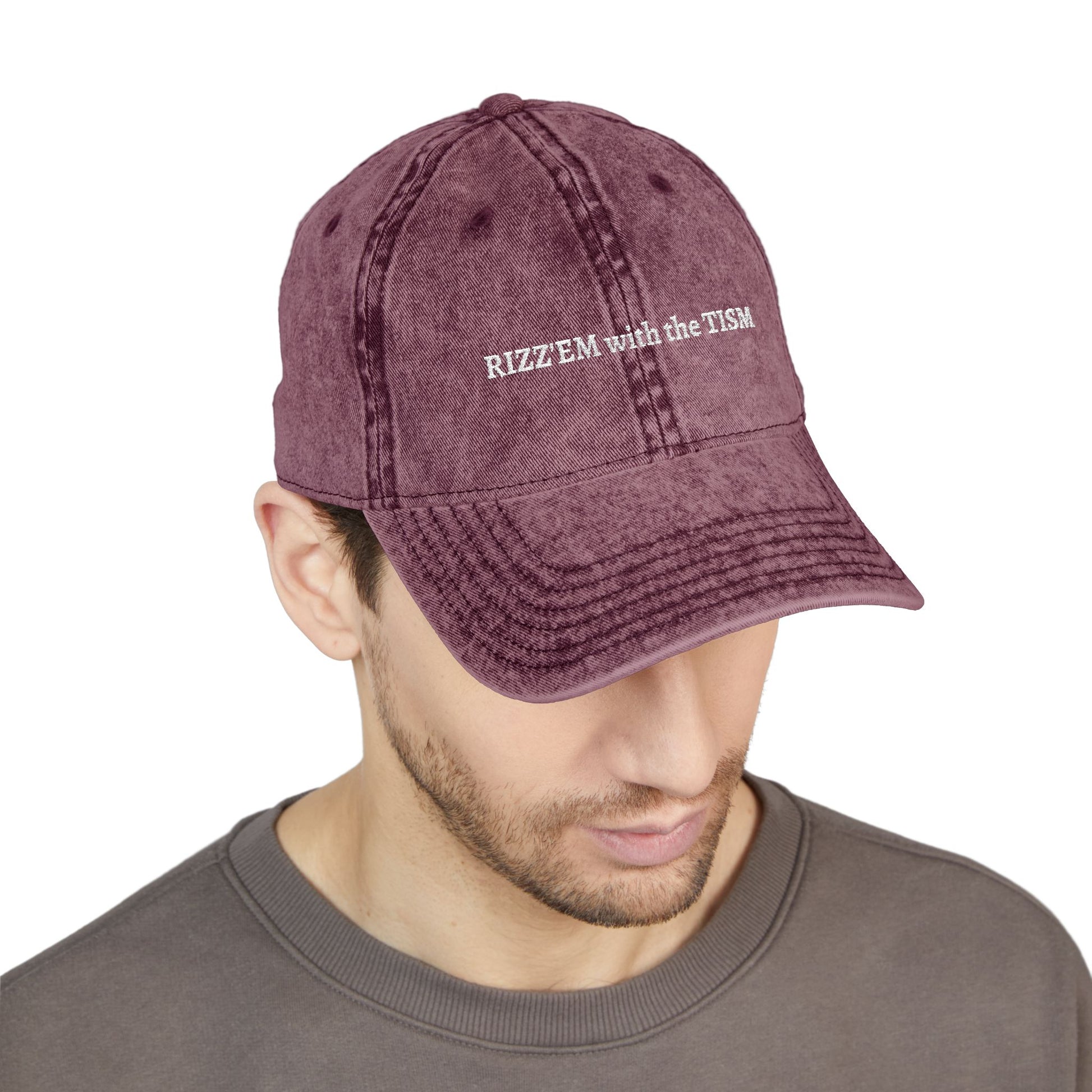 "Rizz 'Em With The Tism" Vintage Washed Embroidered Dad Hat | Trending Funny Meme Aesthetic Cap