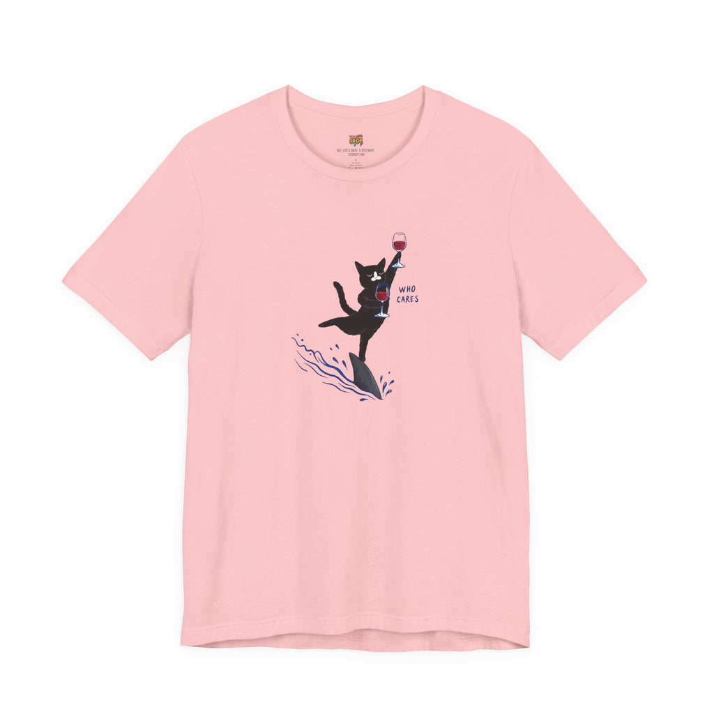 "Who Cares" Cat Surfing on Shark Graphic Tee – Ironic Minimalist Aesthetic Unisex T-Shirt