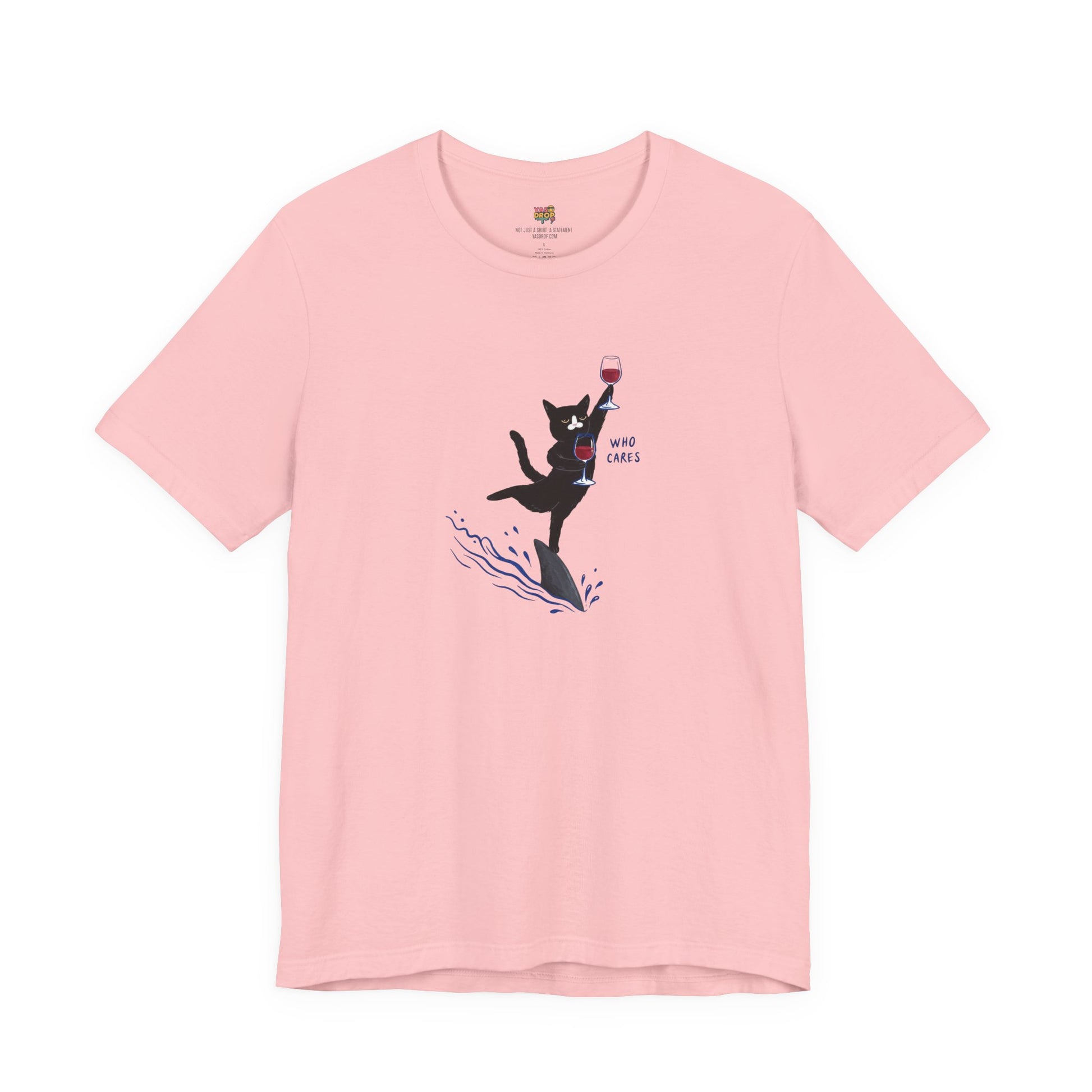 "Who Cares" Cat Surfing on Shark Graphic Tee – Ironic Minimalist Aesthetic Unisex T-Shirt