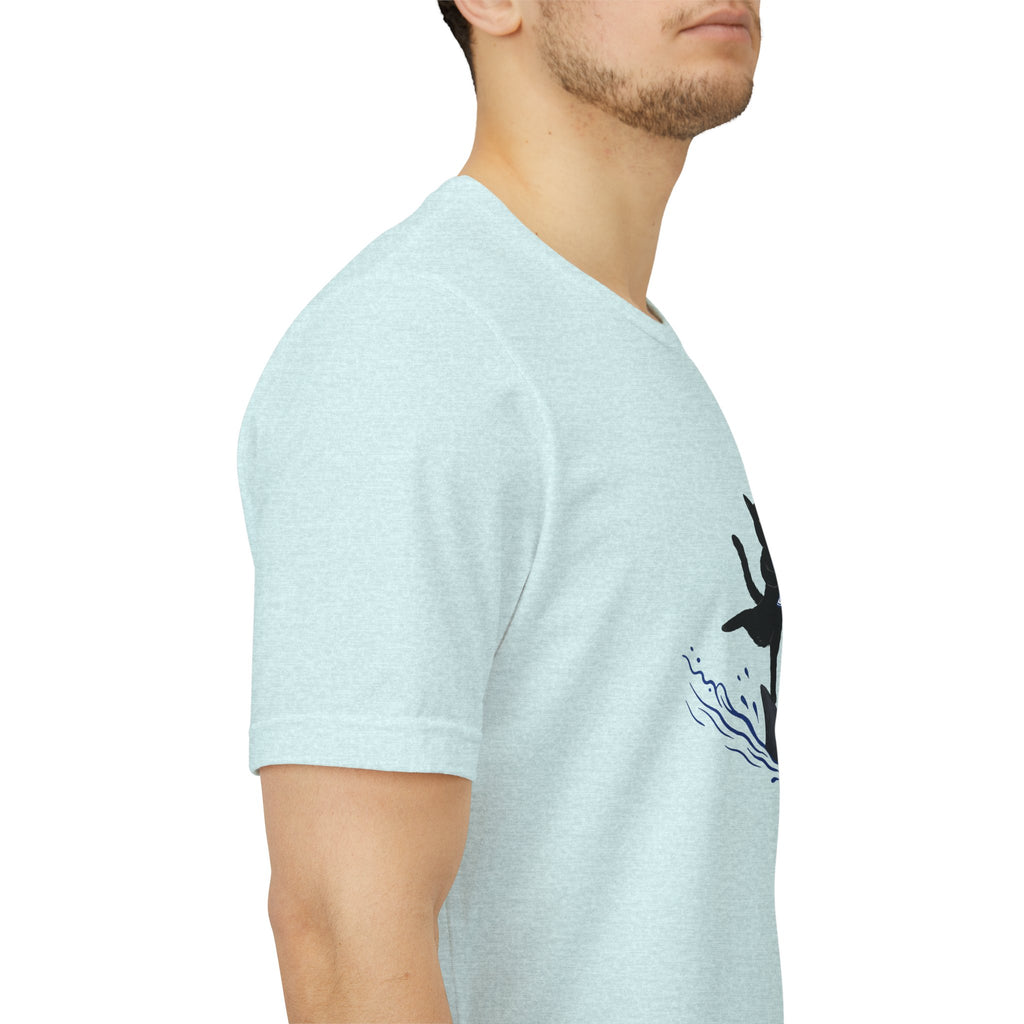 "Who Cares" Cat Surfing on Shark Graphic Tee – Ironic Minimalist Aesthetic Unisex T-Shirt