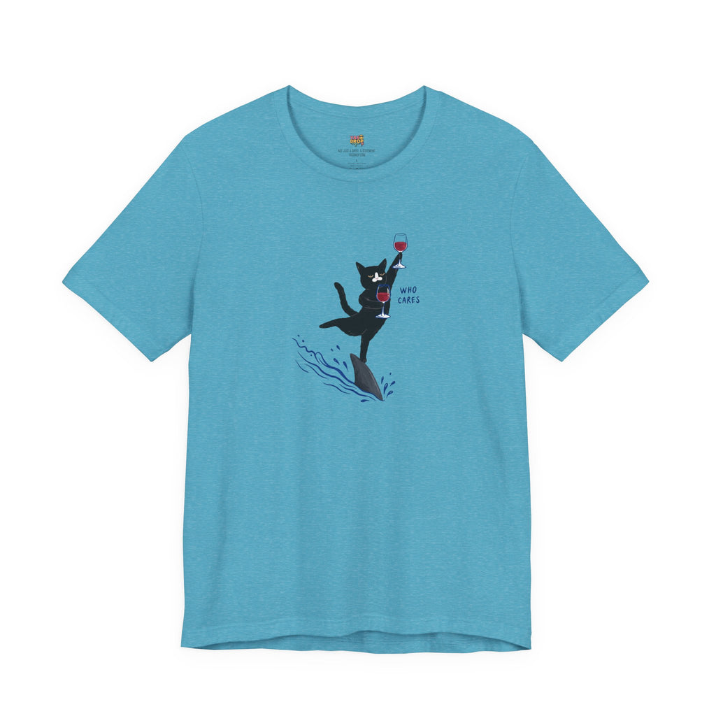 "Who Cares" Cat Surfing on Shark Graphic Tee – Ironic Minimalist Aesthetic Unisex T-Shirt