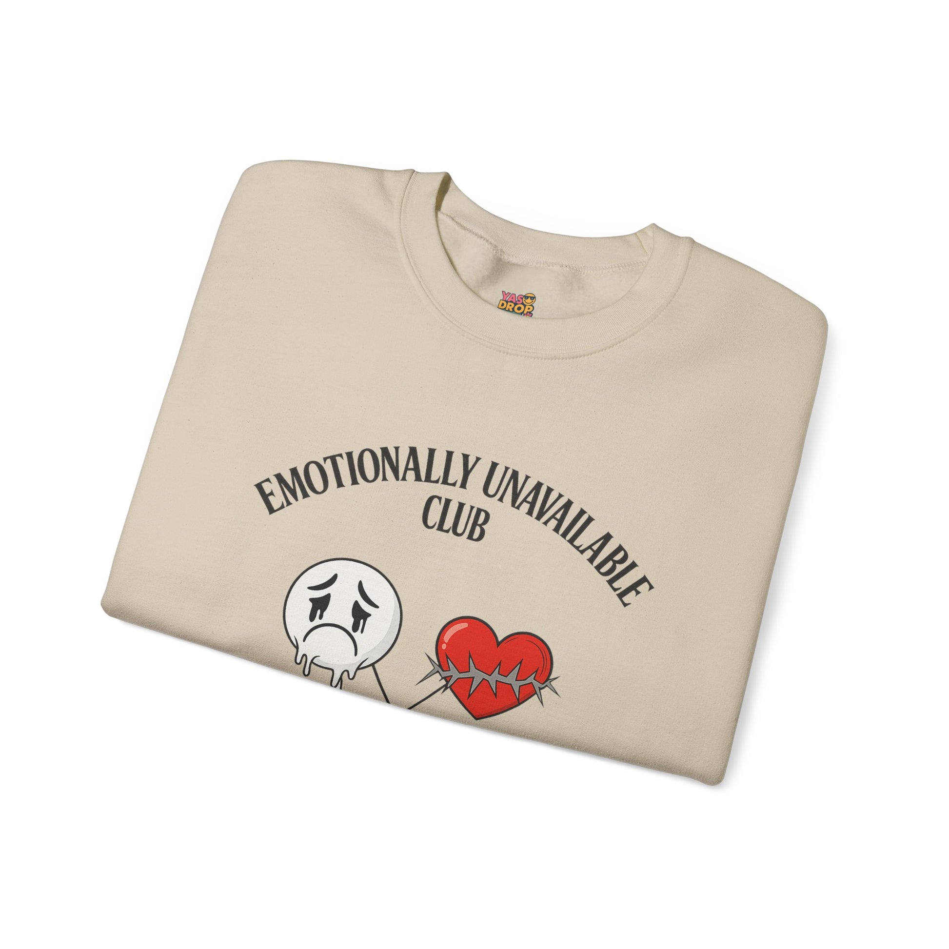 Emotionally Unavailable Club™ Oversized Graphic Sweatshirt – Sad Face, Barbed Heart, Disconnected TV