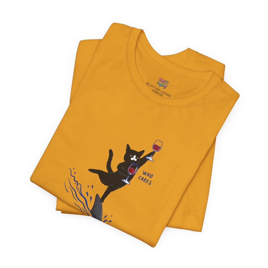 "Who Cares" Cat Surfing on Shark Graphic Tee – Ironic Minimalist Aesthetic Unisex T-Shirt