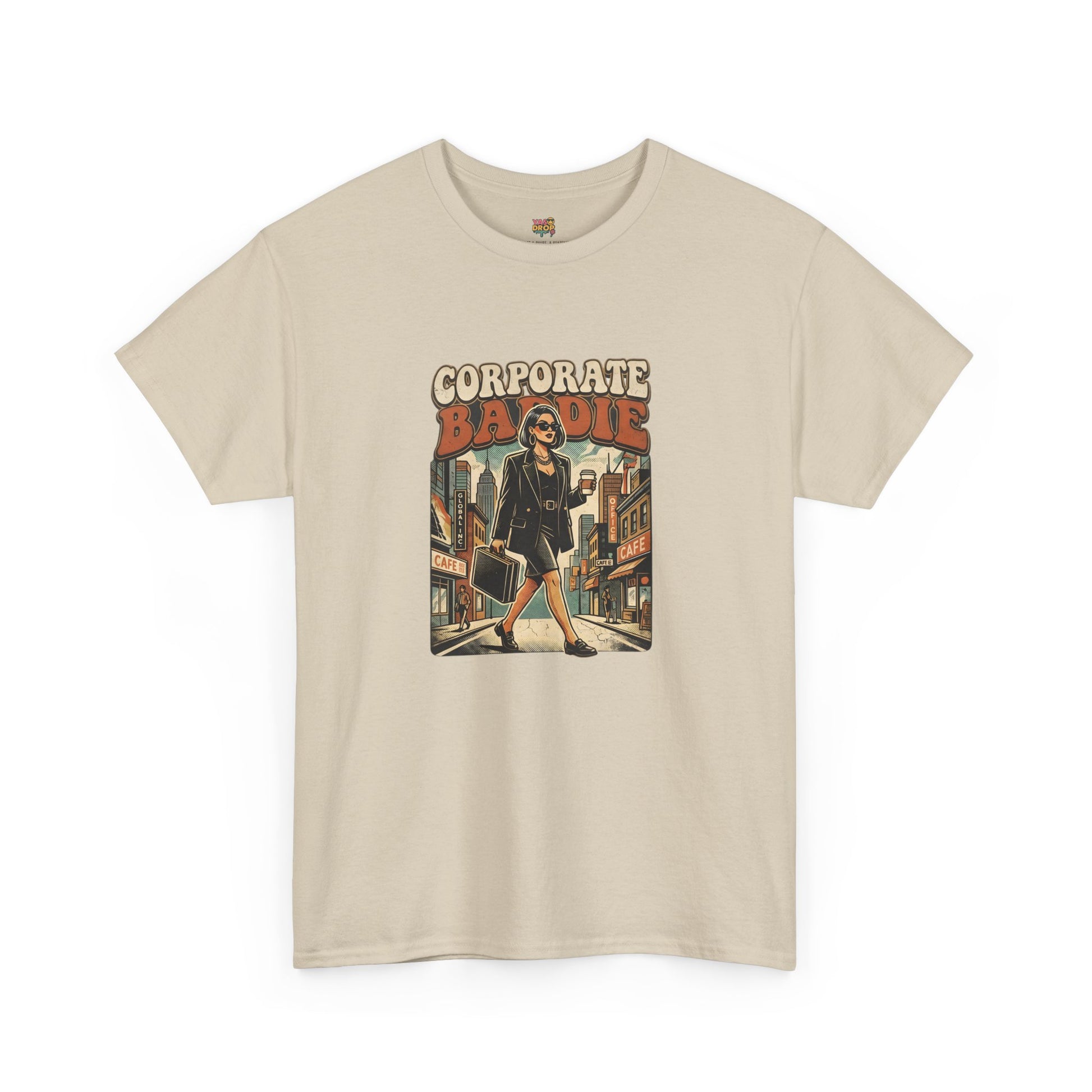 Beige t-shirt with a graphic design of a person walking down a street and text 'Corporate Badie' on a white background.