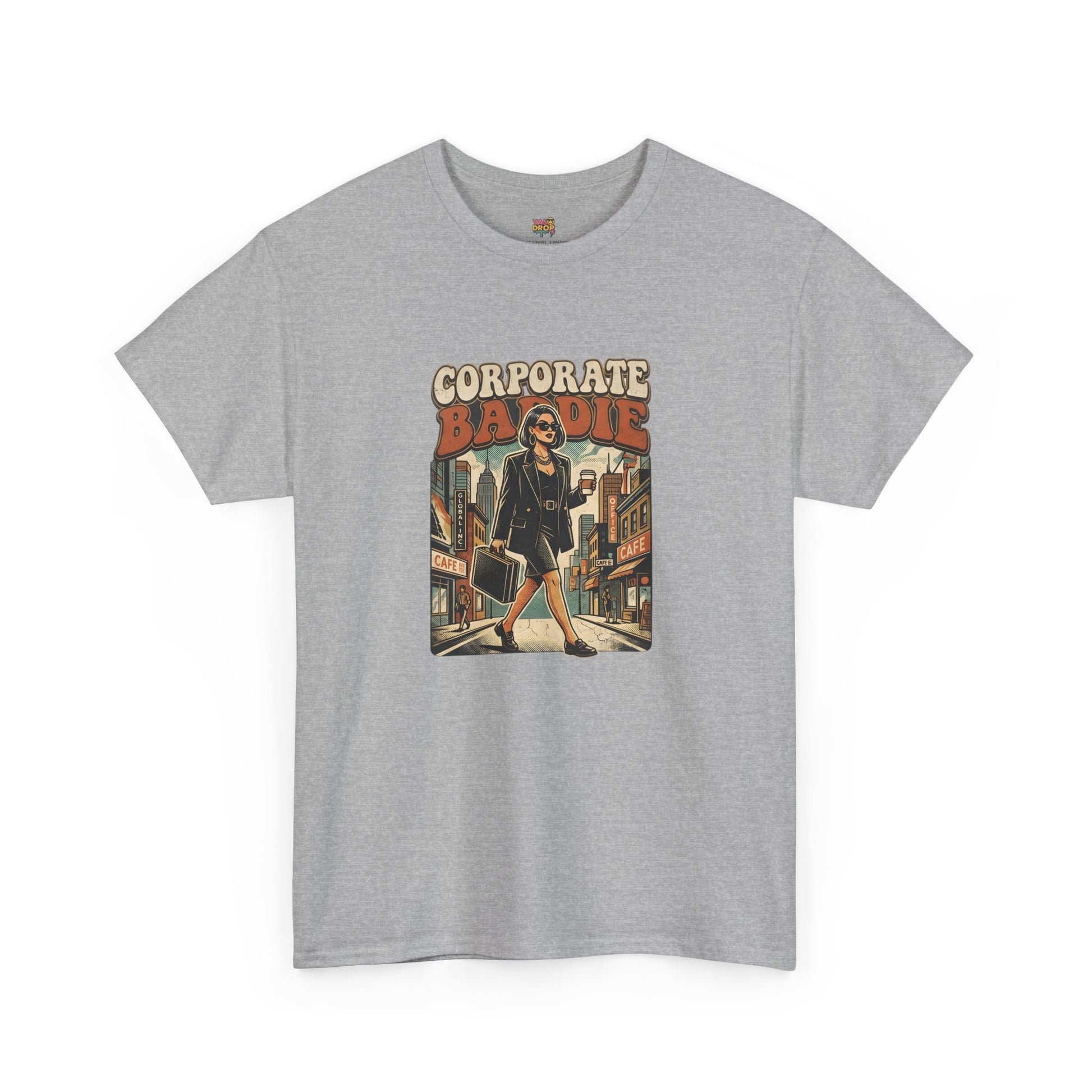 Gray t-shirt with a graphic design of a person walking down a street and the text 'Corporate Badie' on a white background.