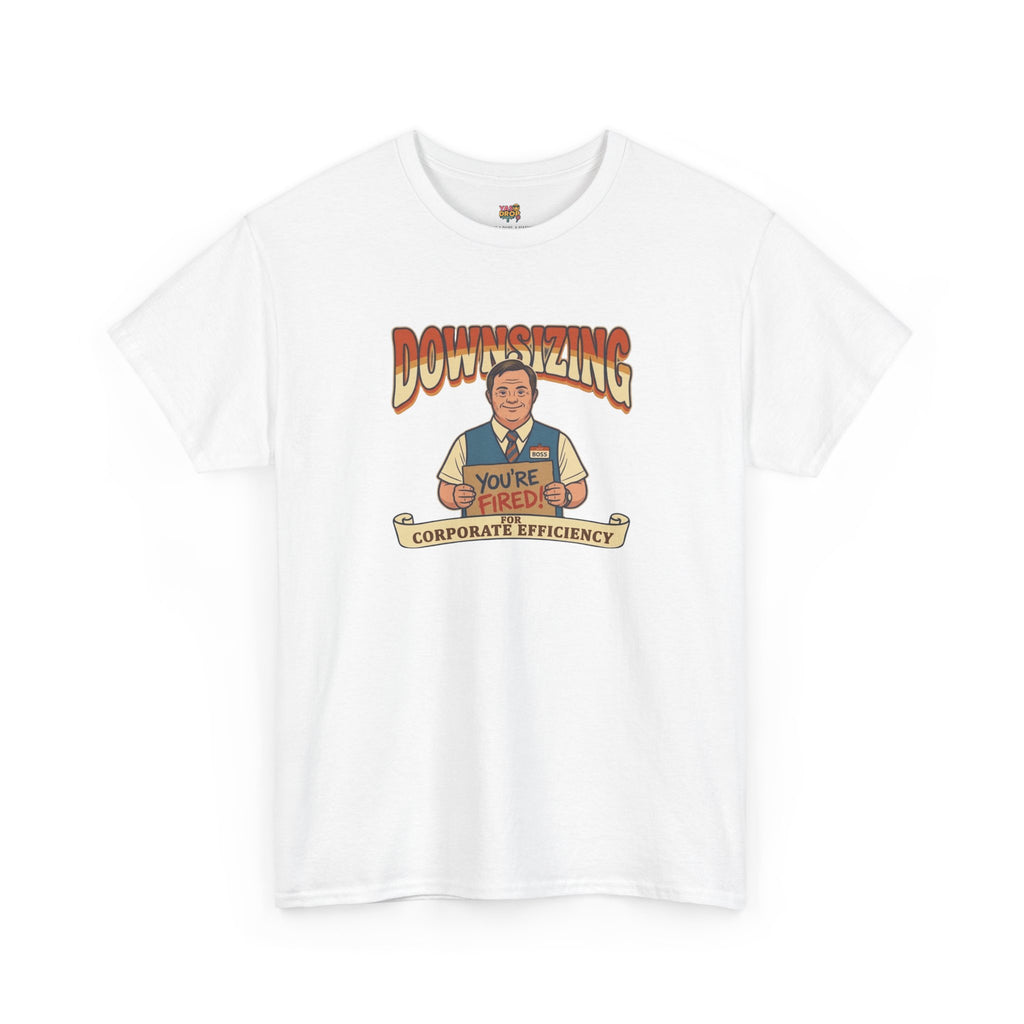 White Downsizing t-shirt with a graphic design on a white background