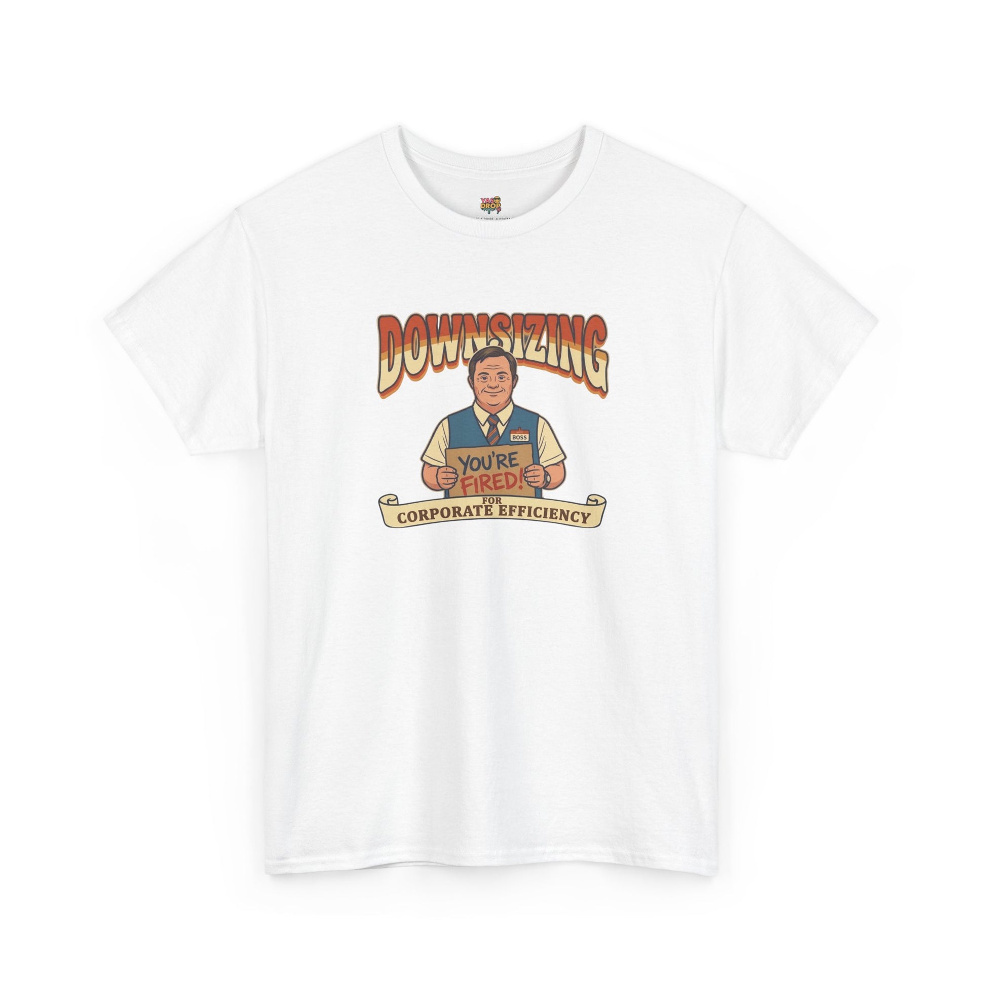 White Downsizing t-shirt with a graphic design on a white background