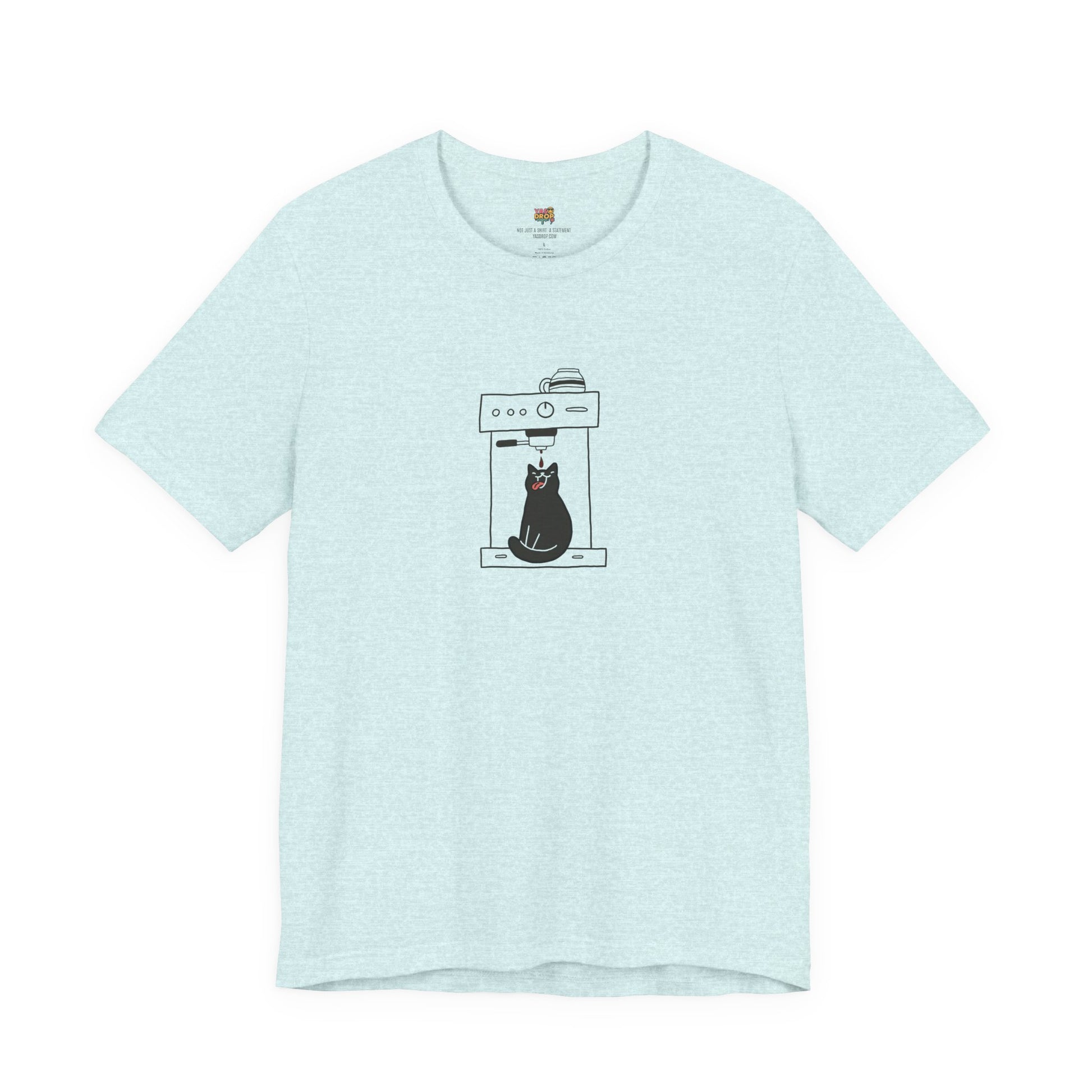 Espresso Cat Graphic Tee – Ironic Minimalist Coffee Streetwear light blue