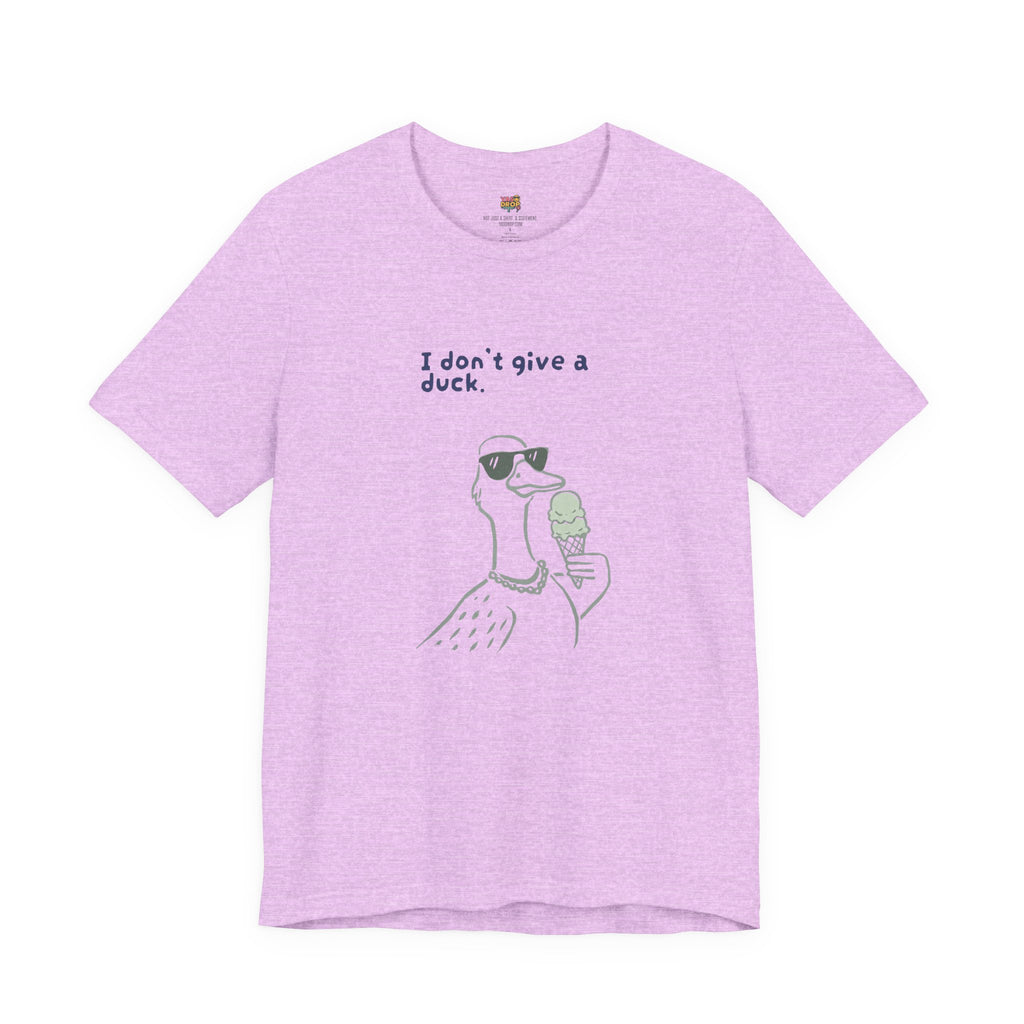 Purple t-shirt with a graphic of a duck wearing sunglasses and holding an ice cream, with text 'I don't give a duck.'