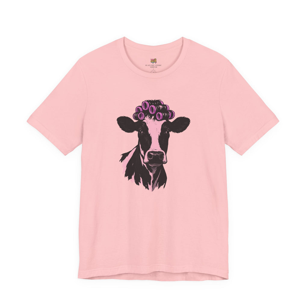In My Lane" Cow in Rollers Graphic Tee – Aesthetic Ironic Minimalist Streetwear pink