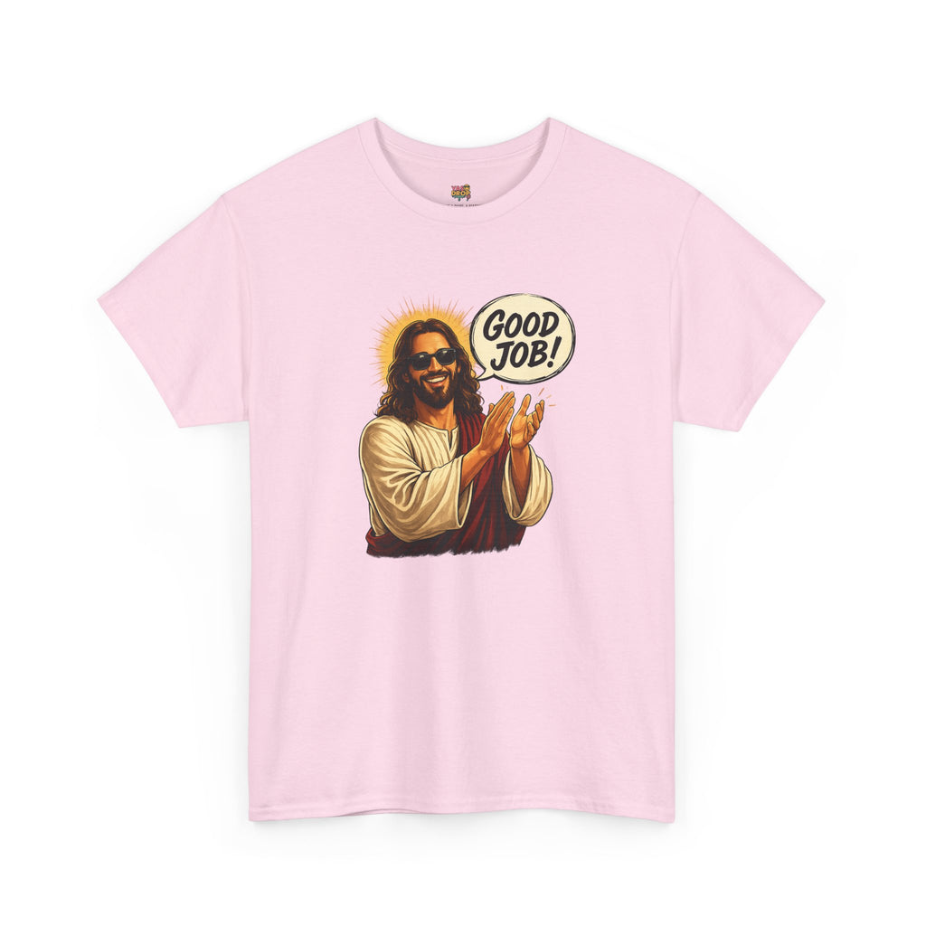 Jesus clapping good job t-shirt in a modern office setting, Gen Z streetwear aesthetic. Pink shirt