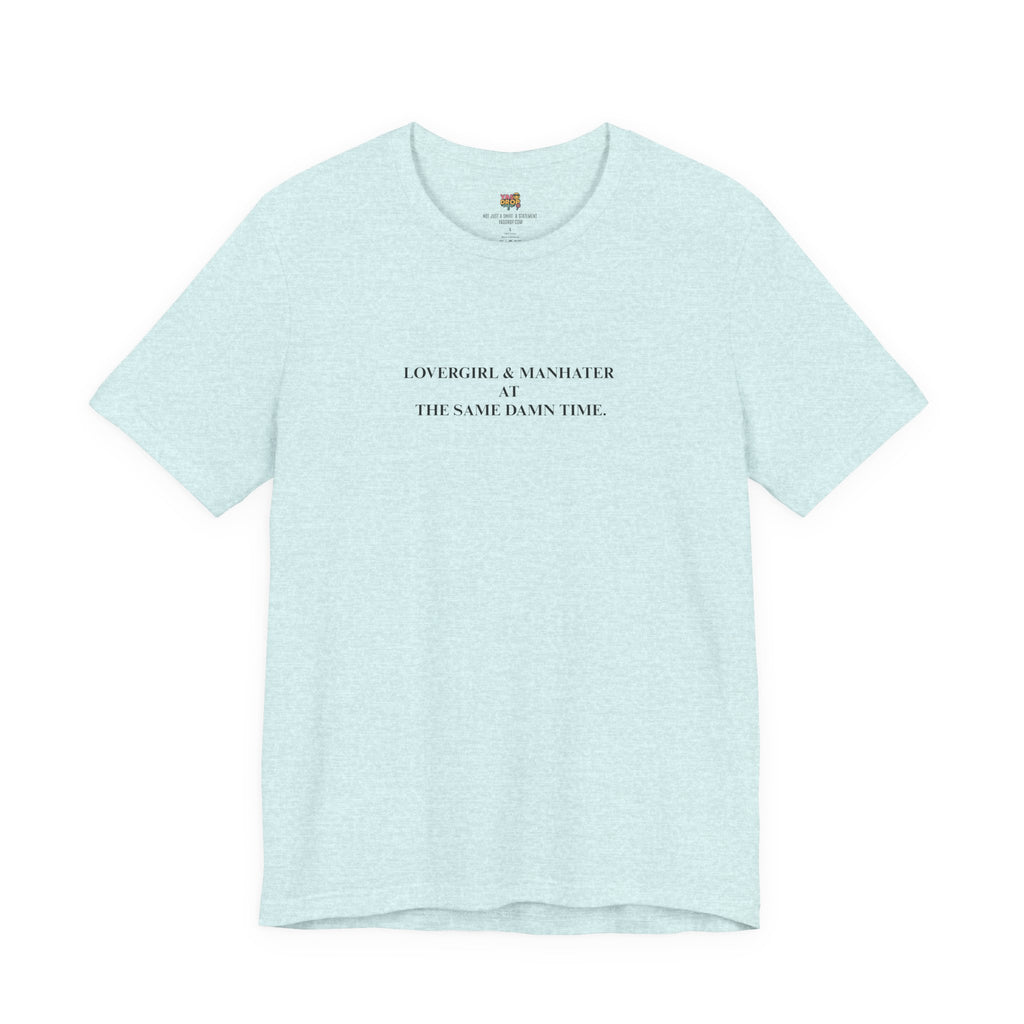 "Lovergirl & Manhater" Ironic Minimalist Graphic Tee blue