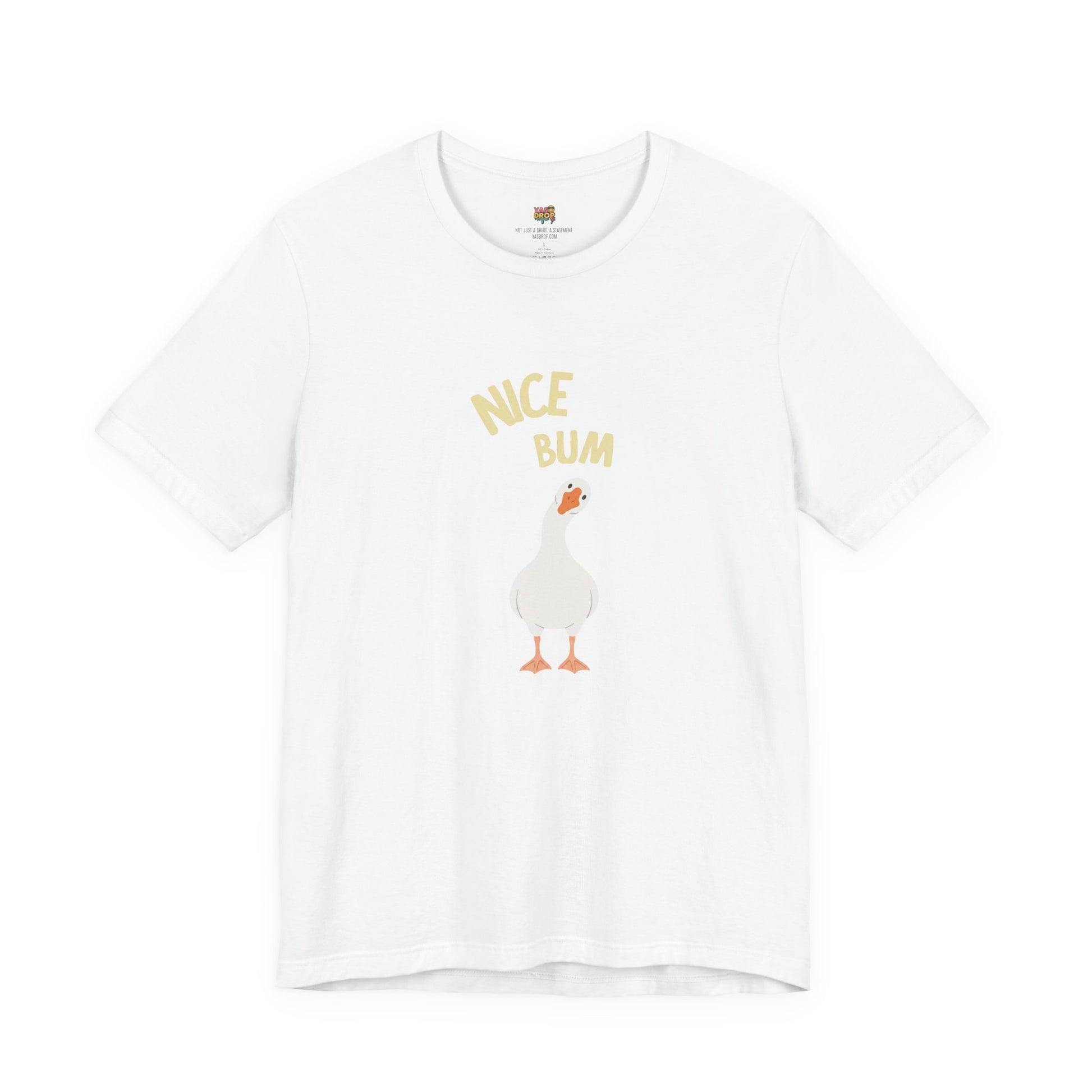 White t-shirt with a cartoon duck and 'Nice Bum' text on a white background