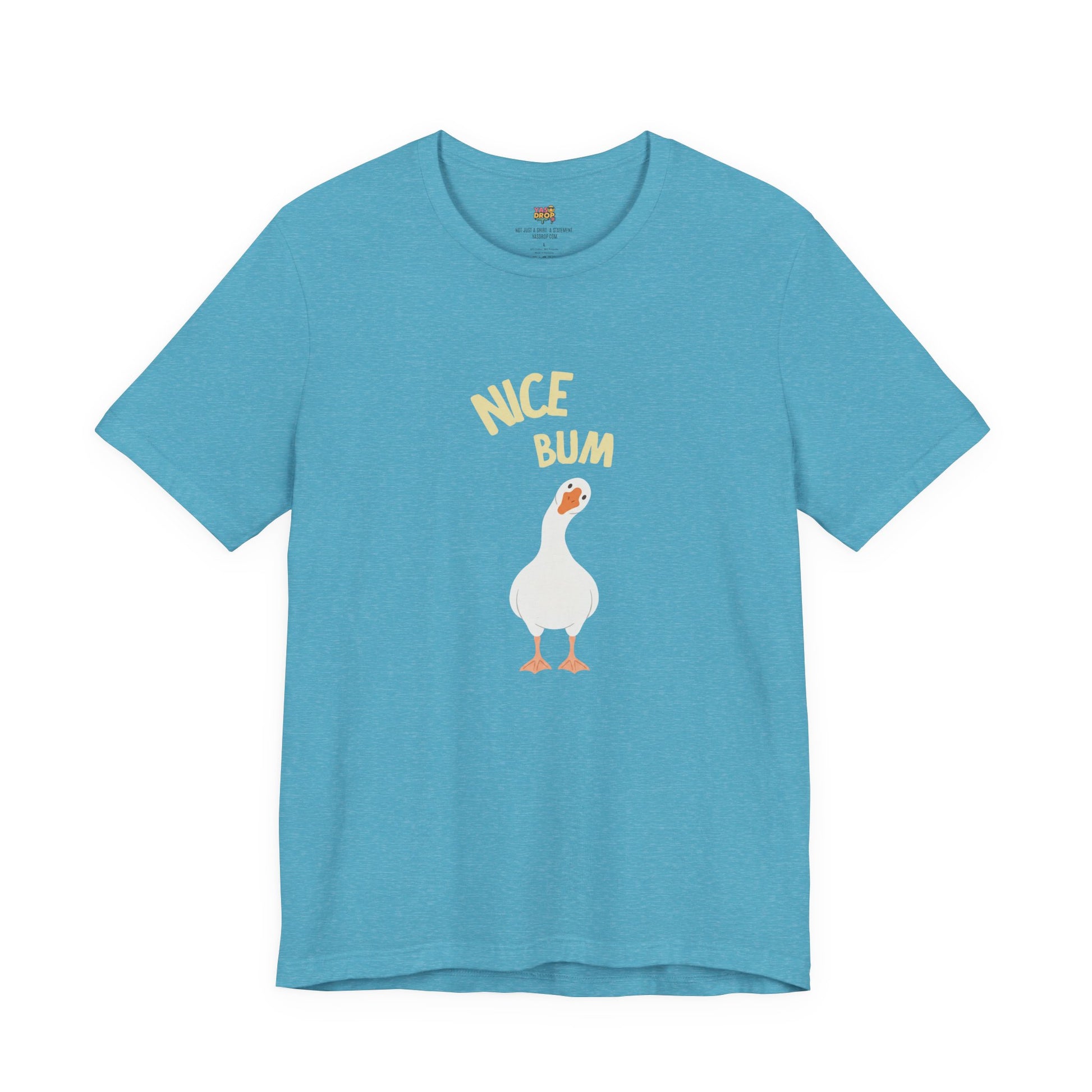 Blue t-shirt with a cartoon duck and 'Nice Bum' text on a white background