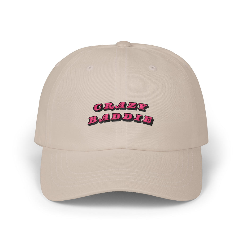 Premium Quality "Crazy Baddie" Embroidered Dad Hat – Retro Pink 3D Block Lettering Khaki