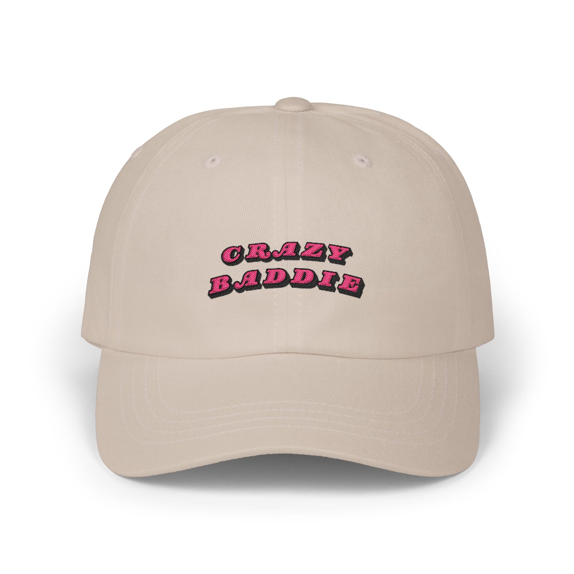 Premium Quality "Crazy Baddie" Embroidered Dad Hat – Retro Pink 3D Block Lettering Khaki