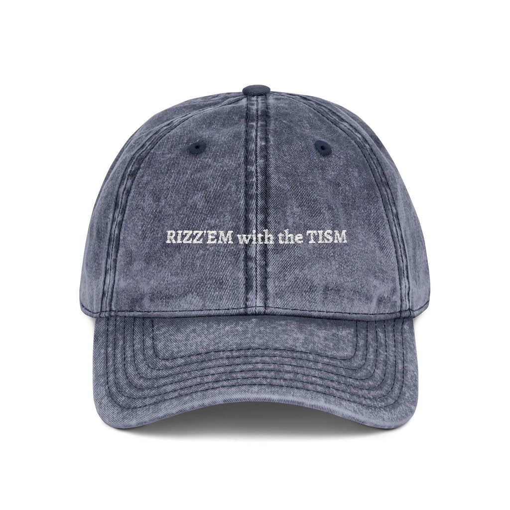 "Rizz 'Em With The Tism" Vintage Washed Embroidered Dad Hat | Trending Funny Meme Aesthetic Cap blue