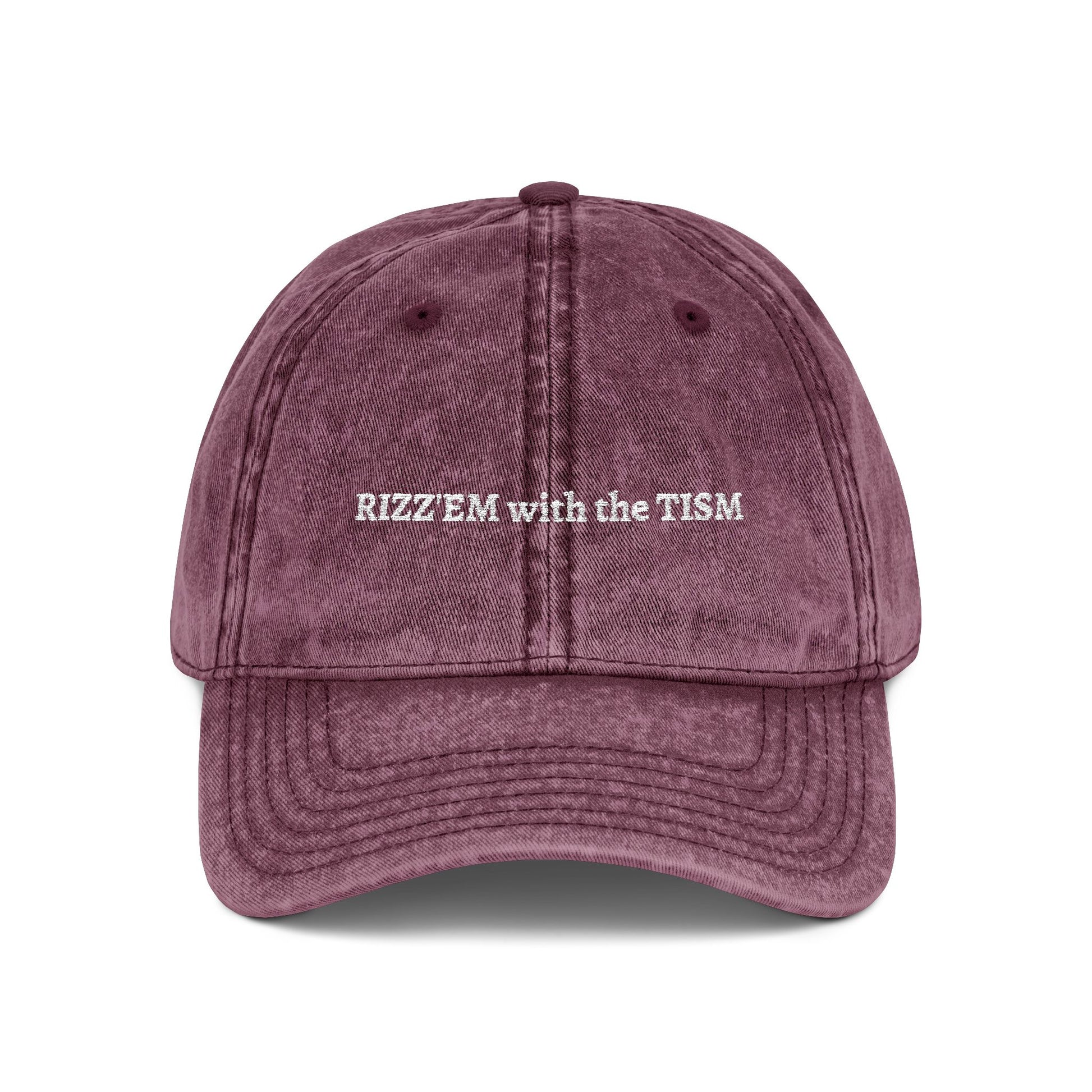 "Rizz 'Em With The Tism" Vintage Washed Embroidered Dad Hat | Trending Funny Meme Aesthetic Cap maroon