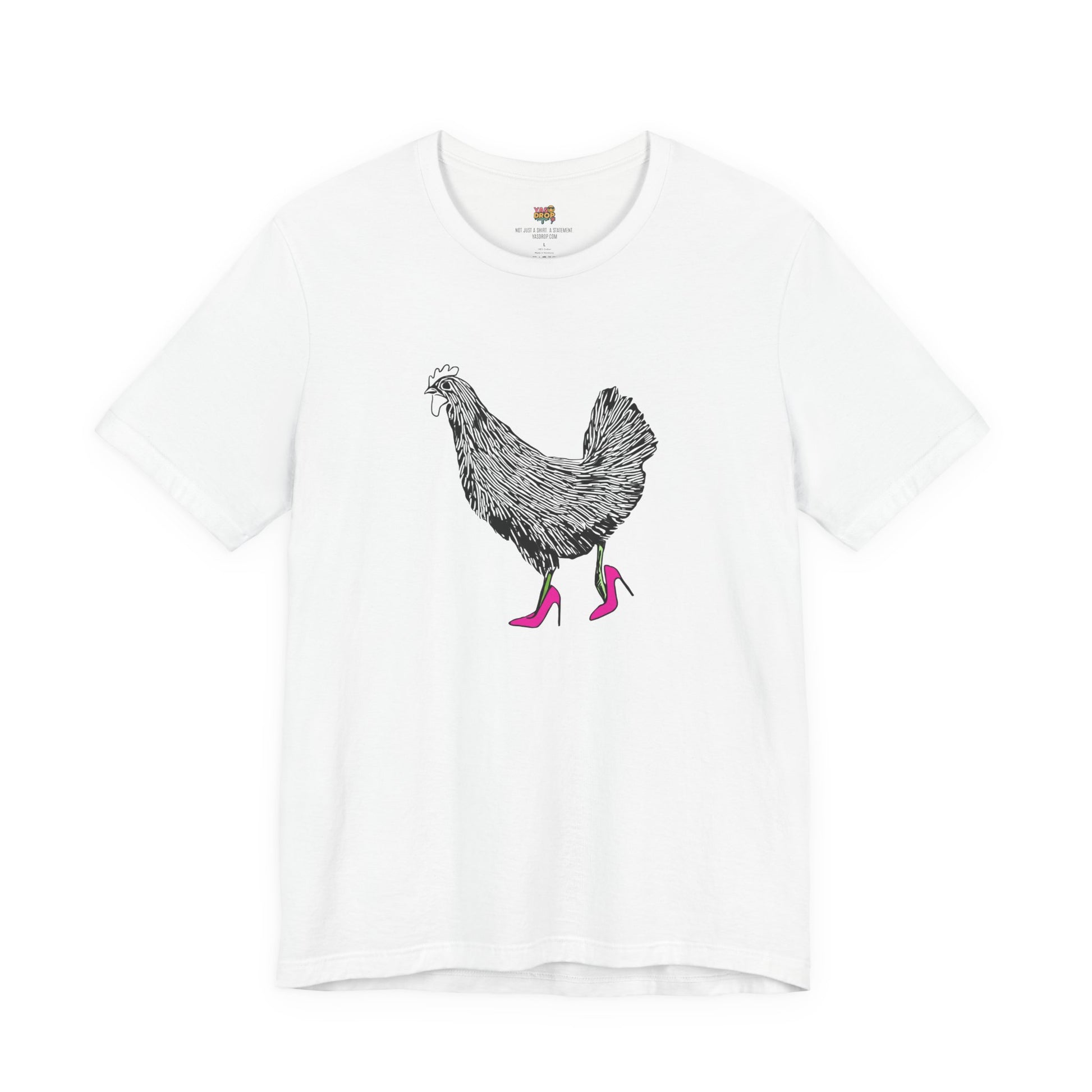 White t-shirt with a chicken graphic wearing high heels on a white background